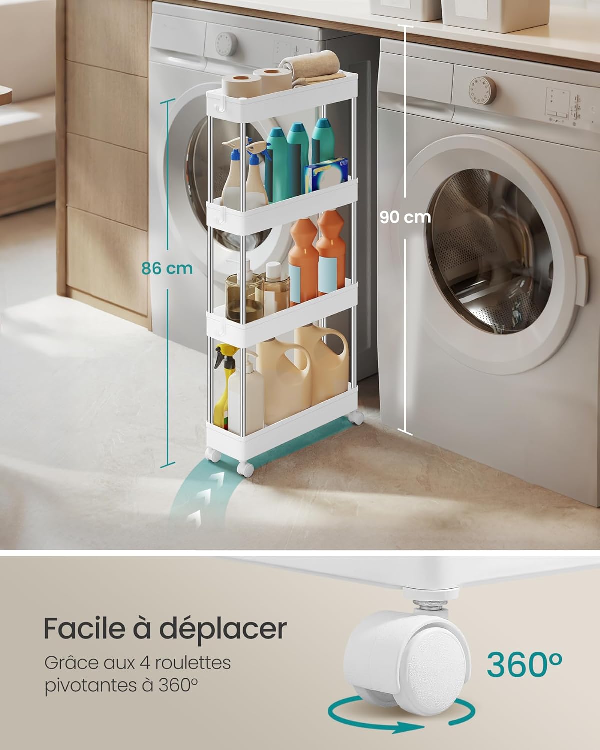 SONGMICS Desserte de Cuisine, Etagère de Cuisine à 4 Niveaux, Etagère étroite, avec 6 Crochets, Structure en Acier, Salle de Bain, 14,5 x 42 x 86 cm, Blanc Nuage KSC08WT – Image 7