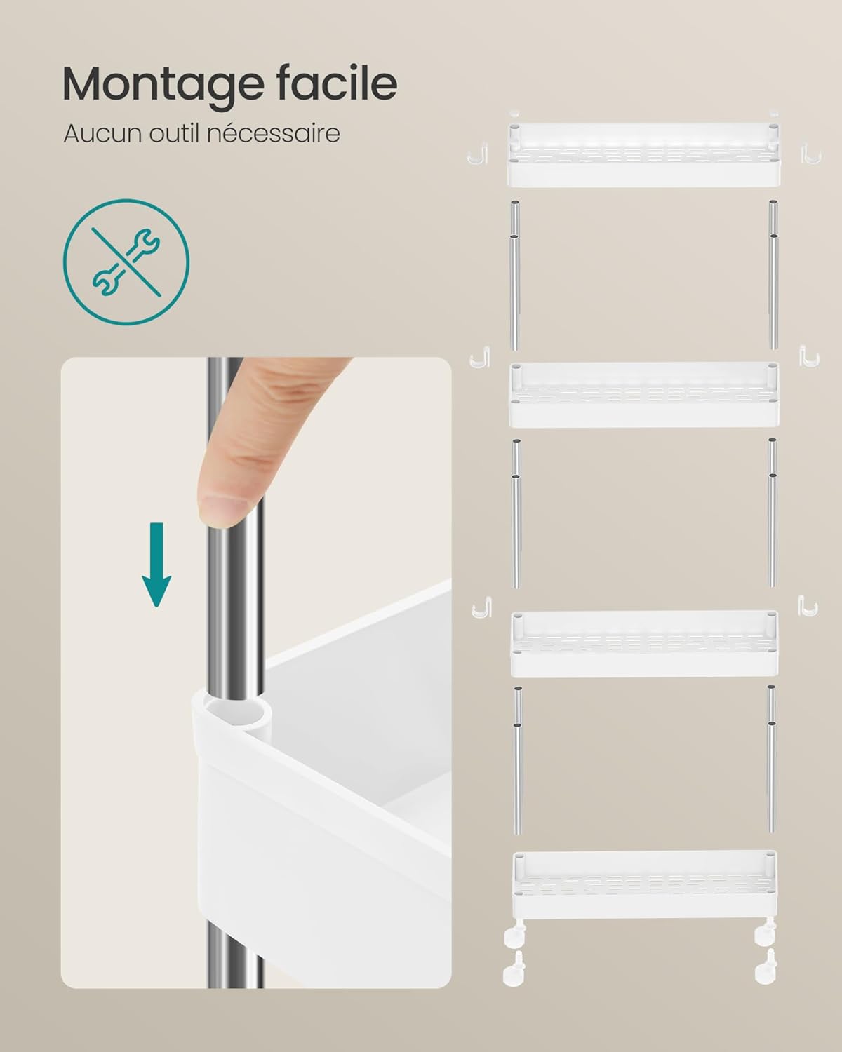 SONGMICS Desserte de Cuisine, Etagère de Cuisine à 4 Niveaux, Etagère étroite, avec 6 Crochets, Structure en Acier, Salle de Bain, 14,5 x 42 x 86 cm, Blanc Nuage KSC08WT – Image 8