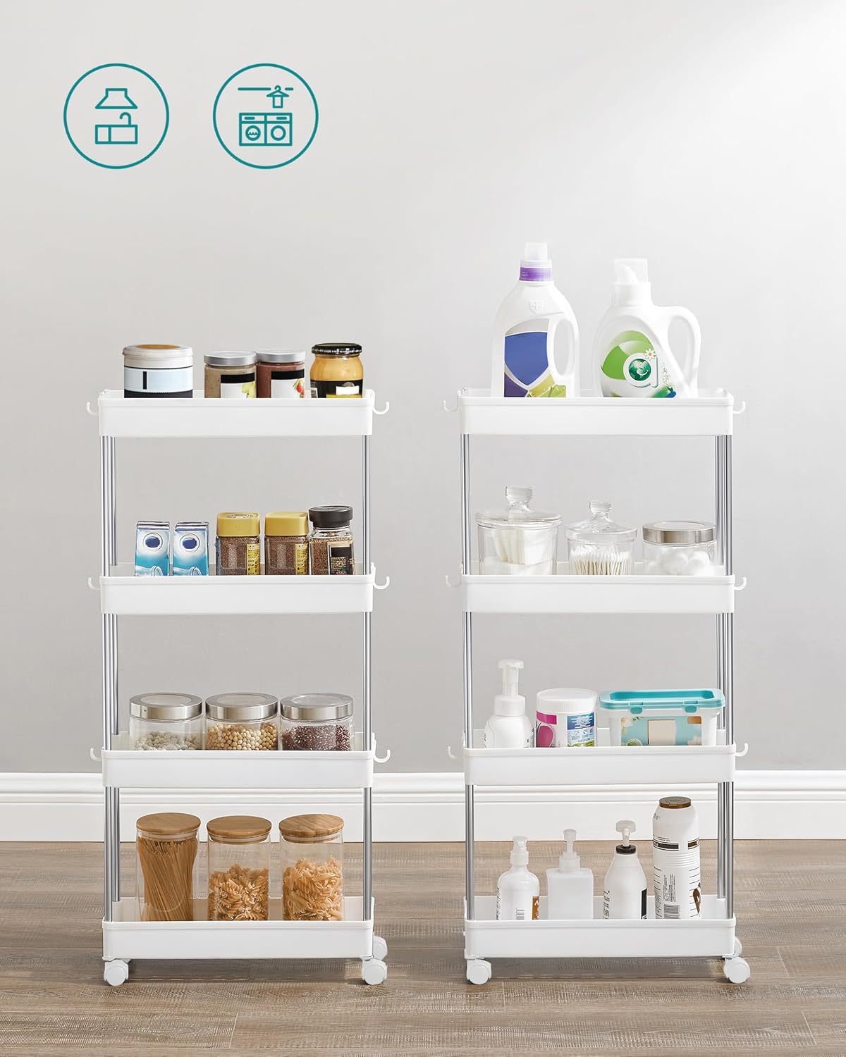 SONGMICS Desserte de Cuisine, Etagère de Cuisine à 4 Niveaux, Etagère étroite, avec 6 Crochets, Structure en Acier, Salle de Bain, 14,5 x 42 x 86 cm, Blanc Nuage KSC08WT – Image 9