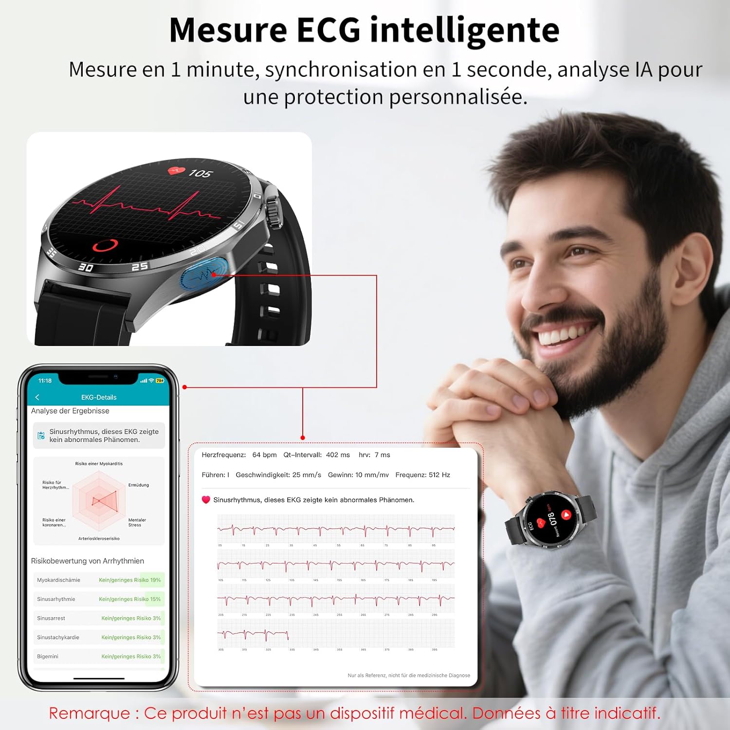 ECG + HRV/IMC/Lipide/Acide urique, montre intelligente 1,43" avec pression artérielle/SpO2/appel Bluetooth/sommeil 24h/24, 7j/7, fréquence cardiaque, température corporelle pour Android iOS – Image 3