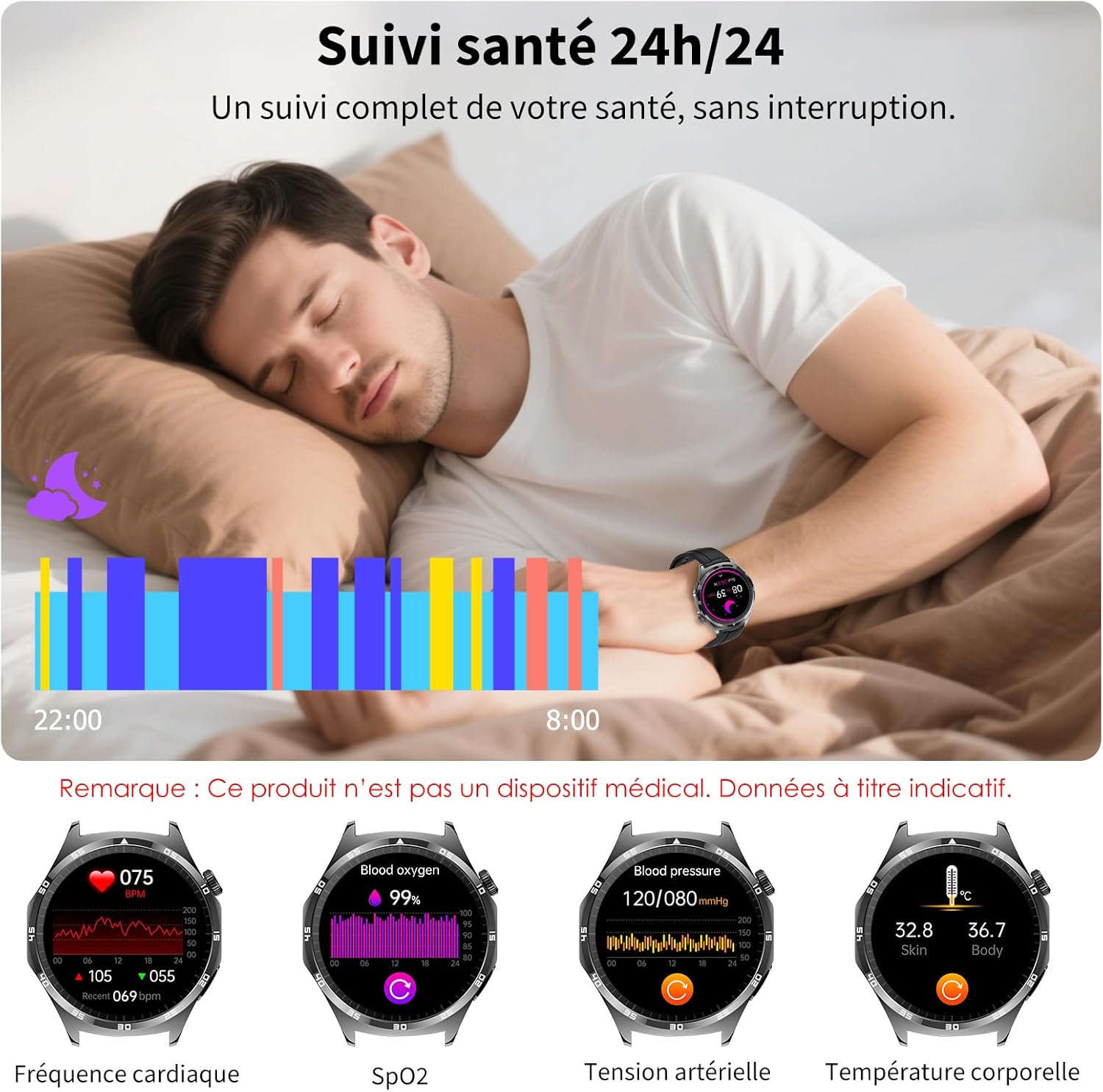 ECG + HRV/IMC/Lipide/Acide urique, montre intelligente 1,43" avec pression artérielle/SpO2/appel Bluetooth/sommeil 24h/24, 7j/7, fréquence cardiaque, température corporelle pour Android iOS – Image 4