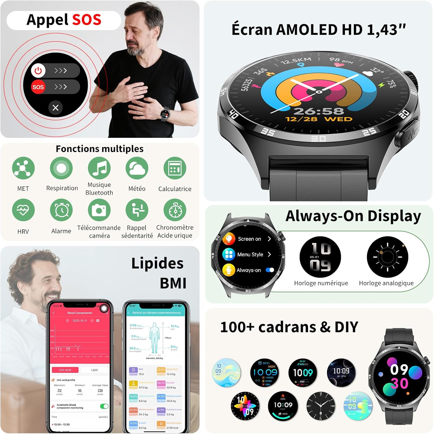 ECG + HRV/IMC/Lipide/Acide urique, montre intelligente 1,43" avec pression artérielle/SpO2/appel Bluetooth/sommeil 24h/24, 7j/7, fréquence cardiaque, température corporelle pour Android iOS – Image 5
