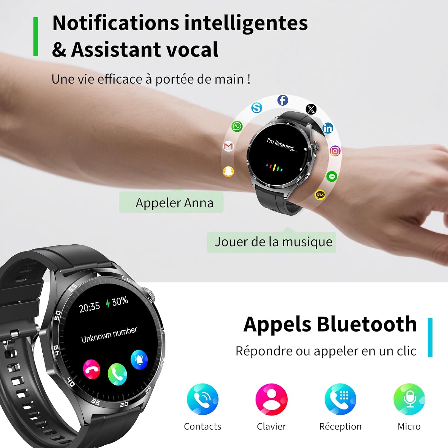ECG + HRV/IMC/Lipide/Acide urique, montre intelligente 1,43" avec pression artérielle/SpO2/appel Bluetooth/sommeil 24h/24, 7j/7, fréquence cardiaque, température corporelle pour Android iOS – Image 6
