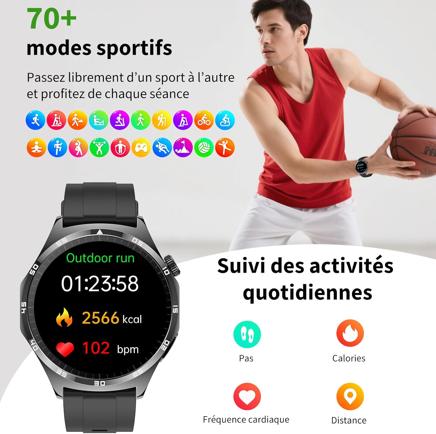 ECG + HRV/IMC/Lipide/Acide urique, montre intelligente 1,43" avec pression artérielle/SpO2/appel Bluetooth/sommeil 24h/24, 7j/7, fréquence cardiaque, température corporelle pour Android iOS – Image 7
