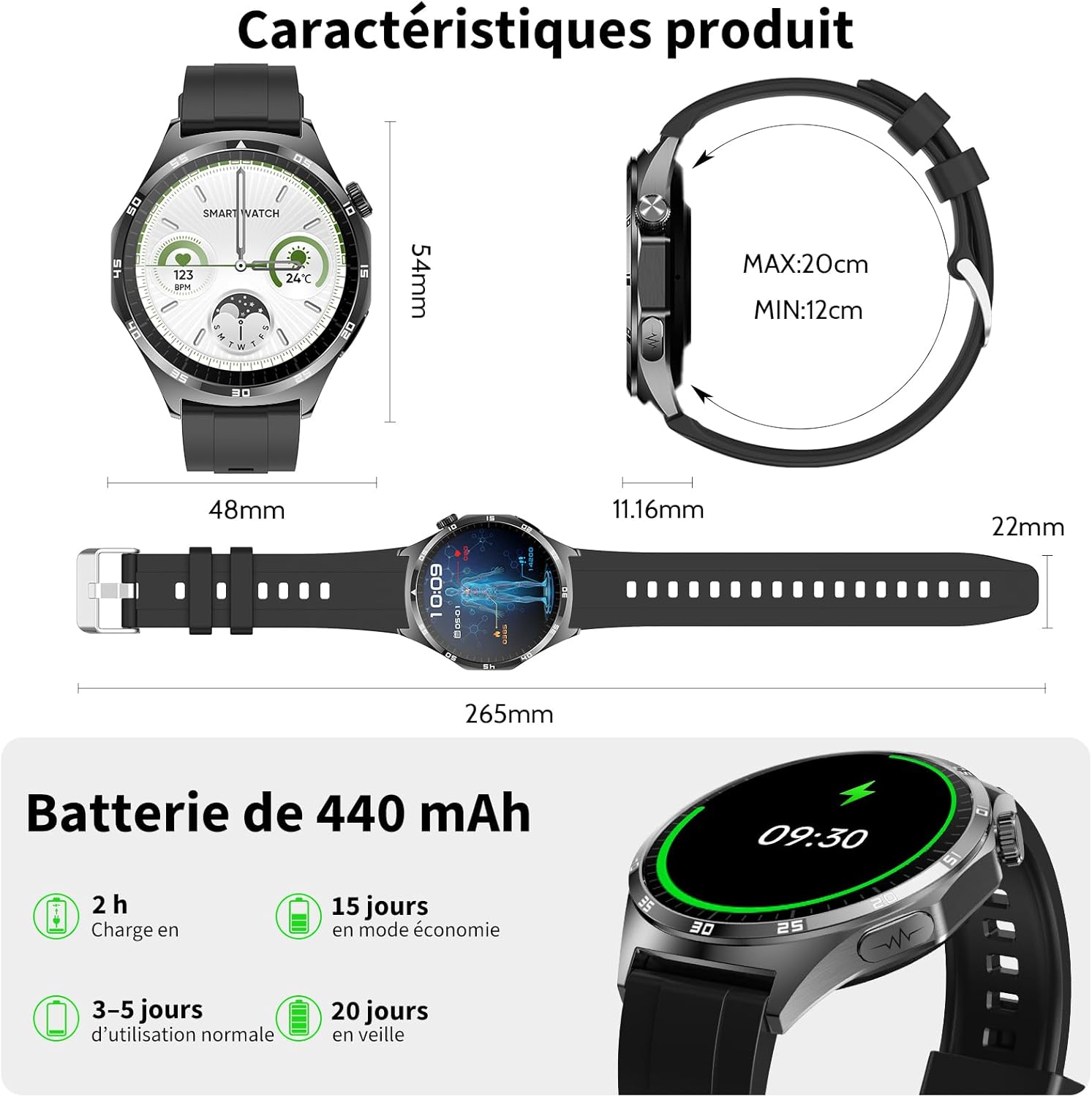 ECG + HRV/IMC/Lipide/Acide urique, montre intelligente 1,43" avec pression artérielle/SpO2/appel Bluetooth/sommeil 24h/24, 7j/7, fréquence cardiaque, température corporelle pour Android iOS – Image 8