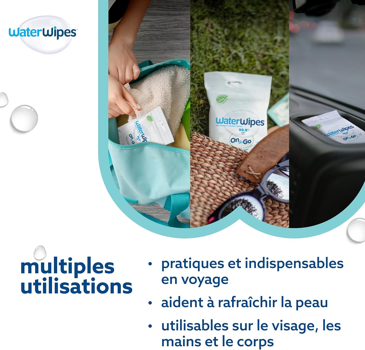 Lingettes WaterWipes Sensitive+ On The Go, 100 unités (10 paquets), 3 en 1 nettoie, soigne, protège, 99,9 % d'eau, lingettes humides non parfumées – Image 3
