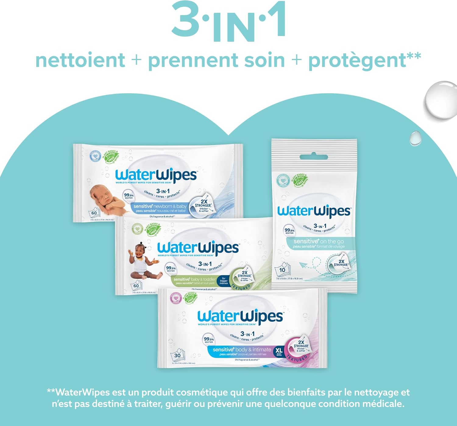 Lingettes WaterWipes Sensitive+ On The Go, 100 unités (10 paquets), 3 en 1 nettoie, soigne, protège, 99,9 % d'eau, lingettes humides non parfumées – Image 8