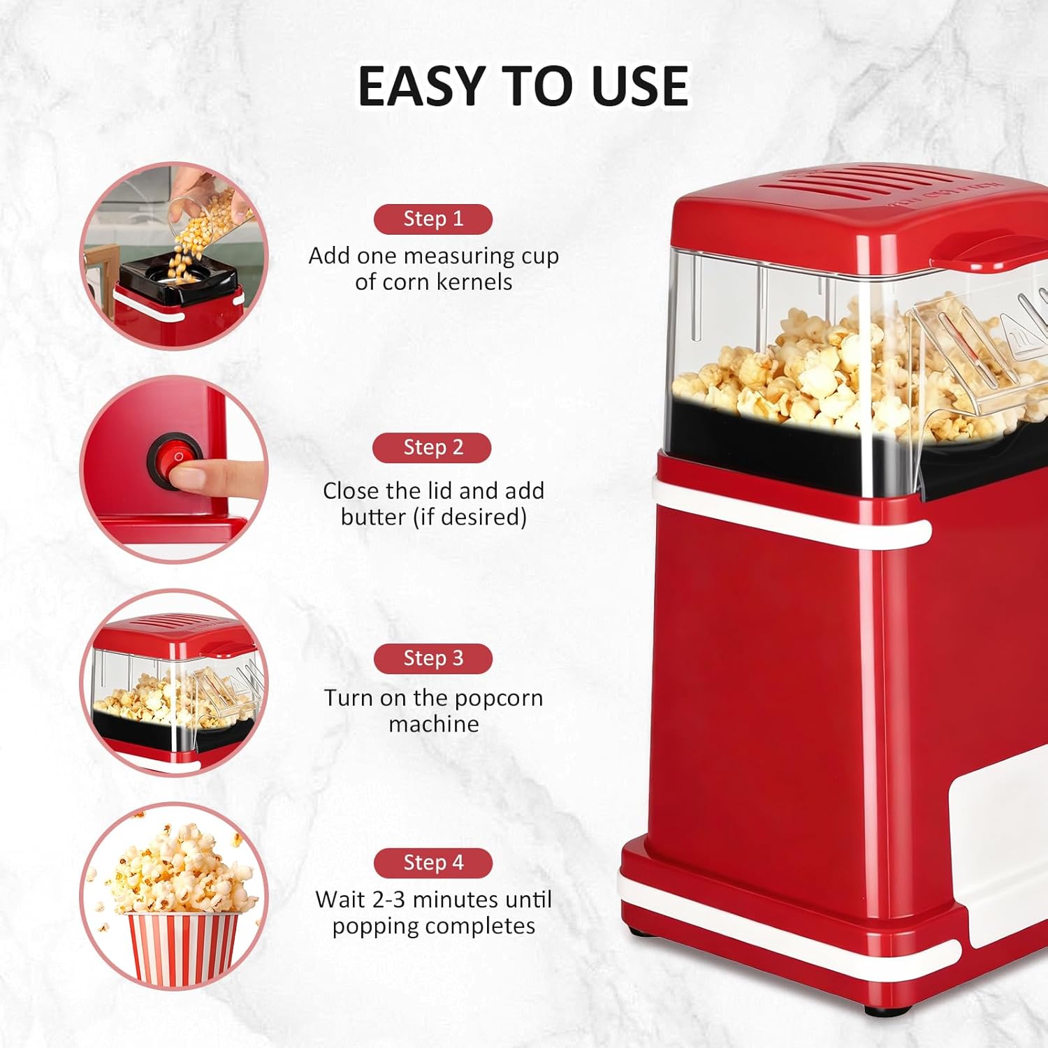 VINATO Machine à Popcorn, Machine à Popcorn sans Huile 1200 W, Fonction 1 Bouton, Nettoyage Facile, Idéale pour la Maison, Les Enfants et Les Voyages – Image 6