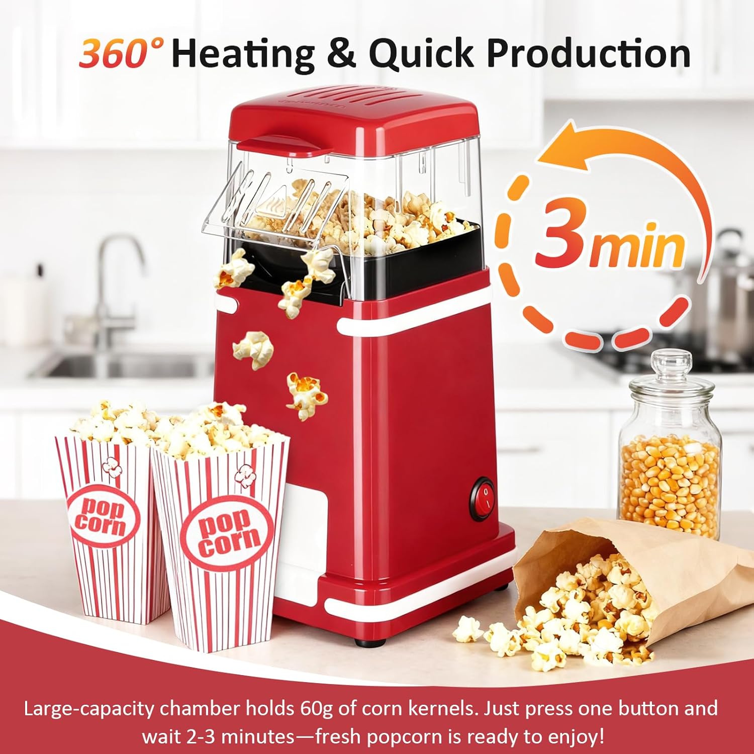 VINATO Machine à Popcorn, Machine à Popcorn sans Huile 1200 W, Fonction 1 Bouton, Nettoyage Facile, Idéale pour la Maison, Les Enfants et Les Voyages – Image 7