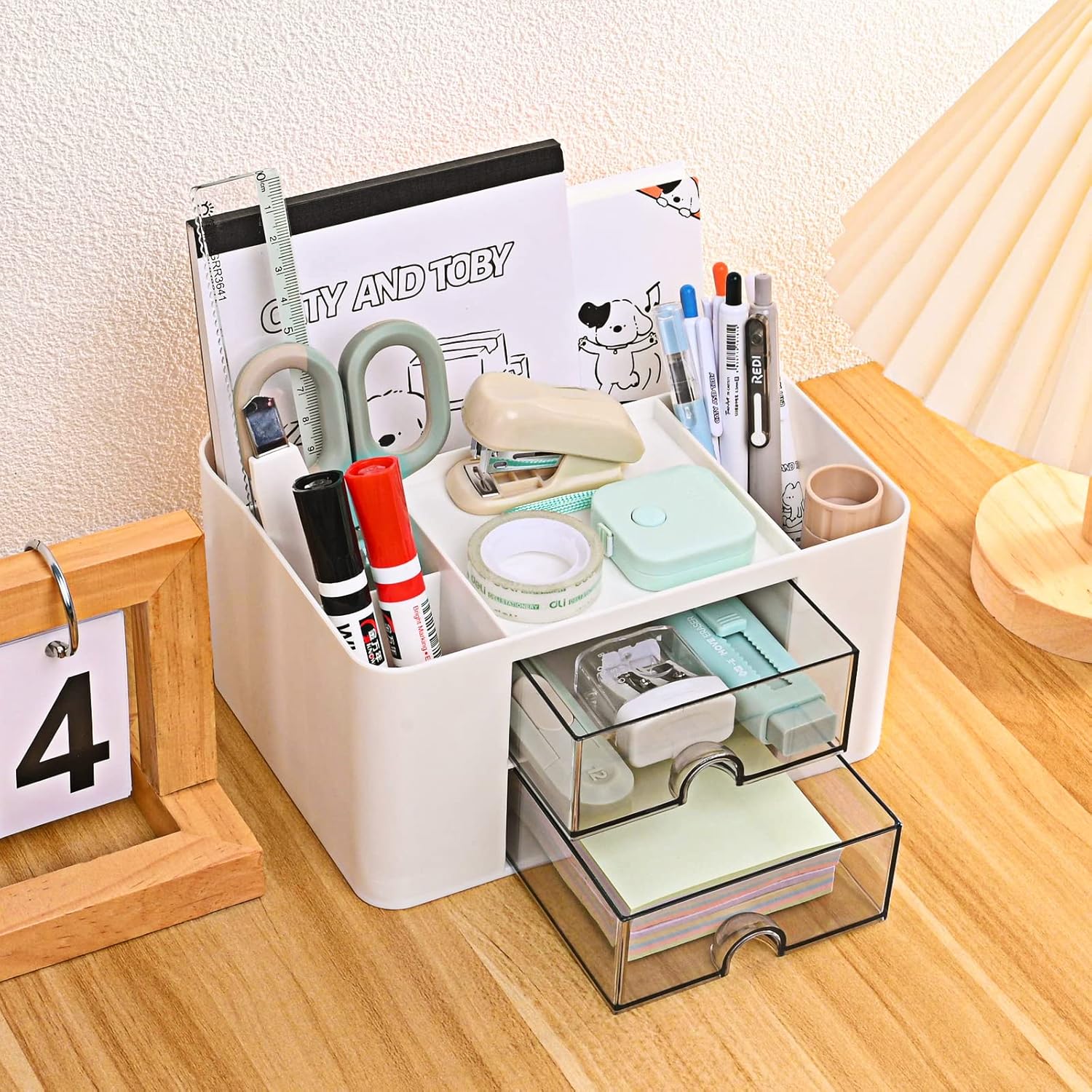 Organisateur de bureau polyvalent avec 5 compartiments, 2 tiroirs et options de rangement multifonctionnelles - idéal pour les fournitures, la papeterie et les accessoires – Image 5