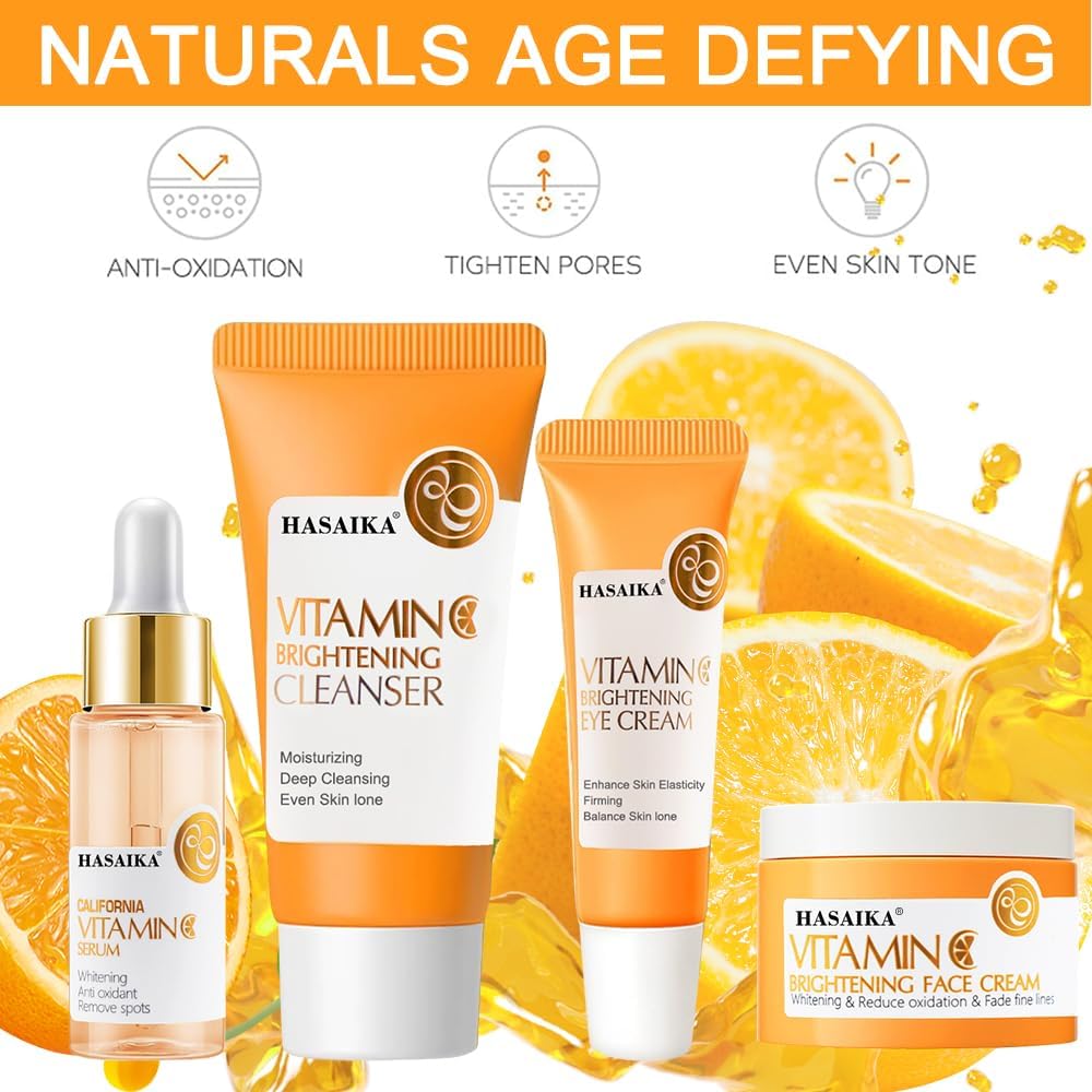 Coffret de soins à la vitamine C avec sérum à la vitamine C, crème hydratante à la vitamine C, ensemble hydratant apaisant pour le visage, anti-âge, rides, taches, 4 pièces – Image 3