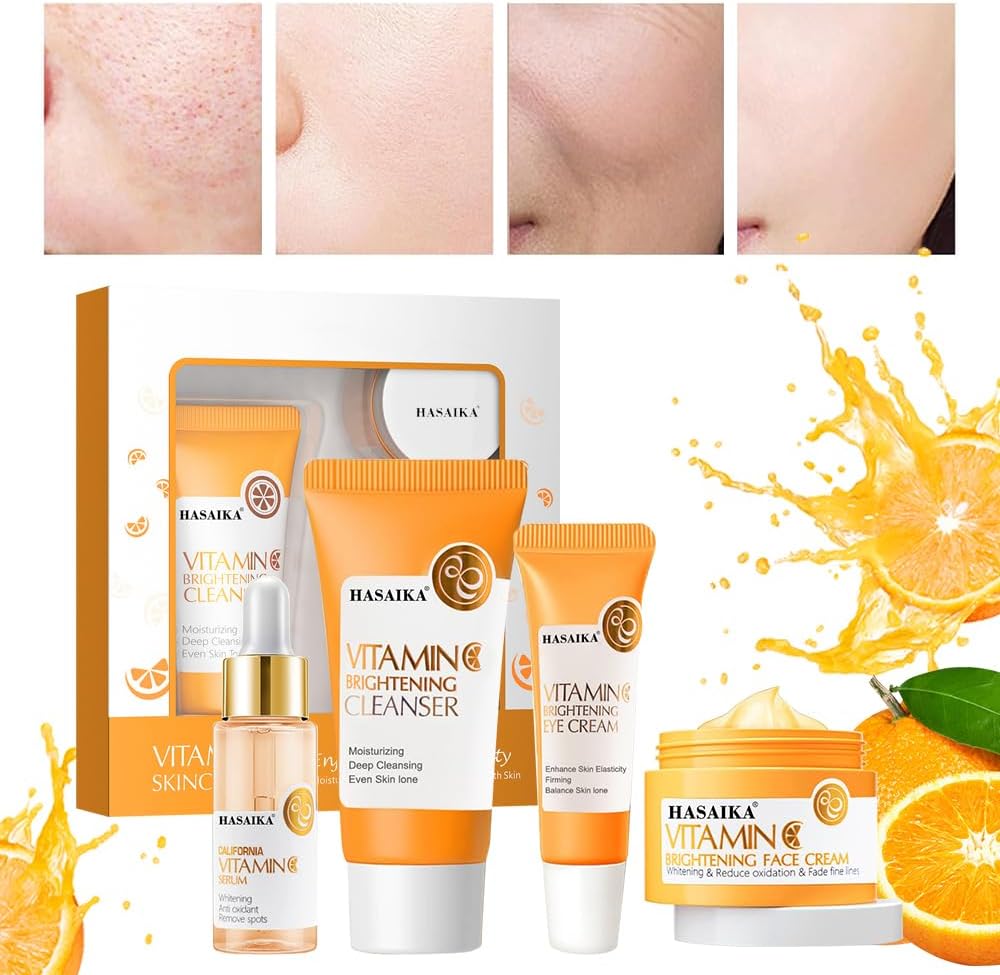 Coffret de soins à la vitamine C avec sérum à la vitamine C, crème hydratante à la vitamine C, ensemble hydratant apaisant pour le visage, anti-âge, rides, taches, 4 pièces – Image 4