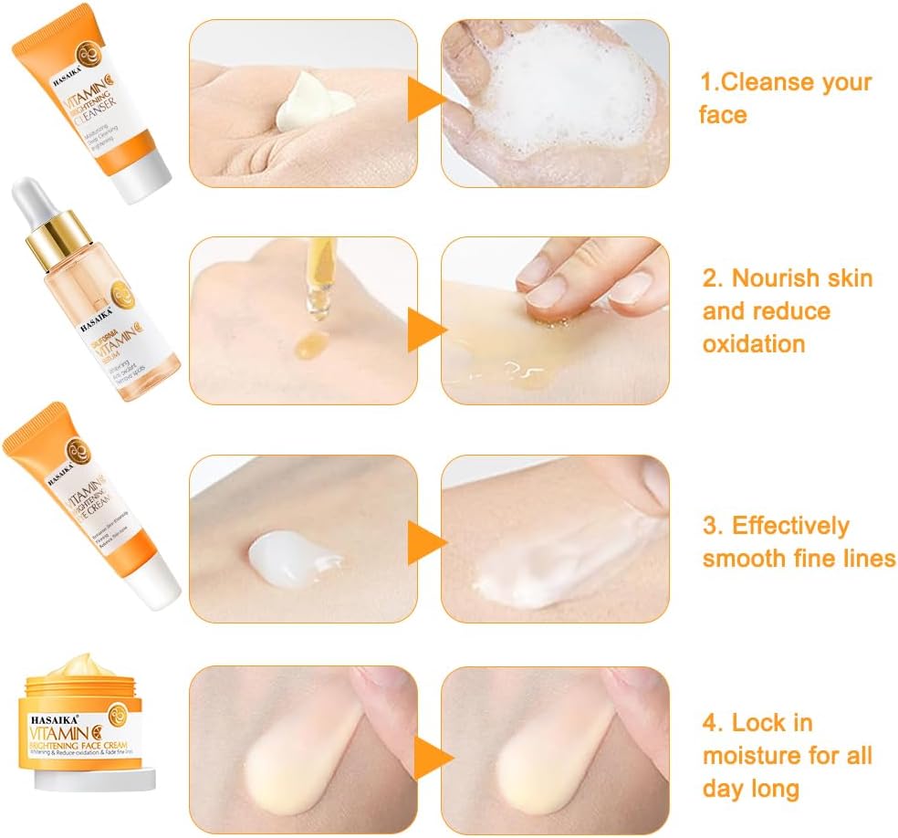 Coffret de soins à la vitamine C avec sérum à la vitamine C, crème hydratante à la vitamine C, ensemble hydratant apaisant pour le visage, anti-âge, rides, taches, 4 pièces – Image 5