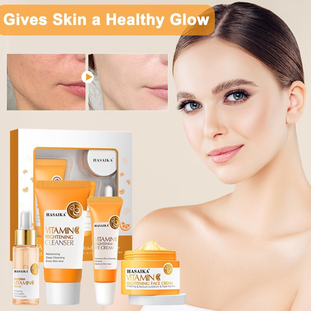 Coffret de soins à la vitamine C avec sérum à la vitamine C, crème hydratante à la vitamine C, ensemble hydratant apaisant pour le visage, anti-âge, rides, taches, 4 pièces – Image 6