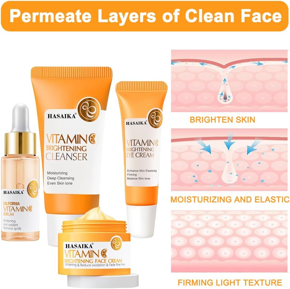 Coffret de soins à la vitamine C avec sérum à la vitamine C, crème hydratante à la vitamine C, ensemble hydratant apaisant pour le visage, anti-âge, rides, taches, 4 pièces – Image 7