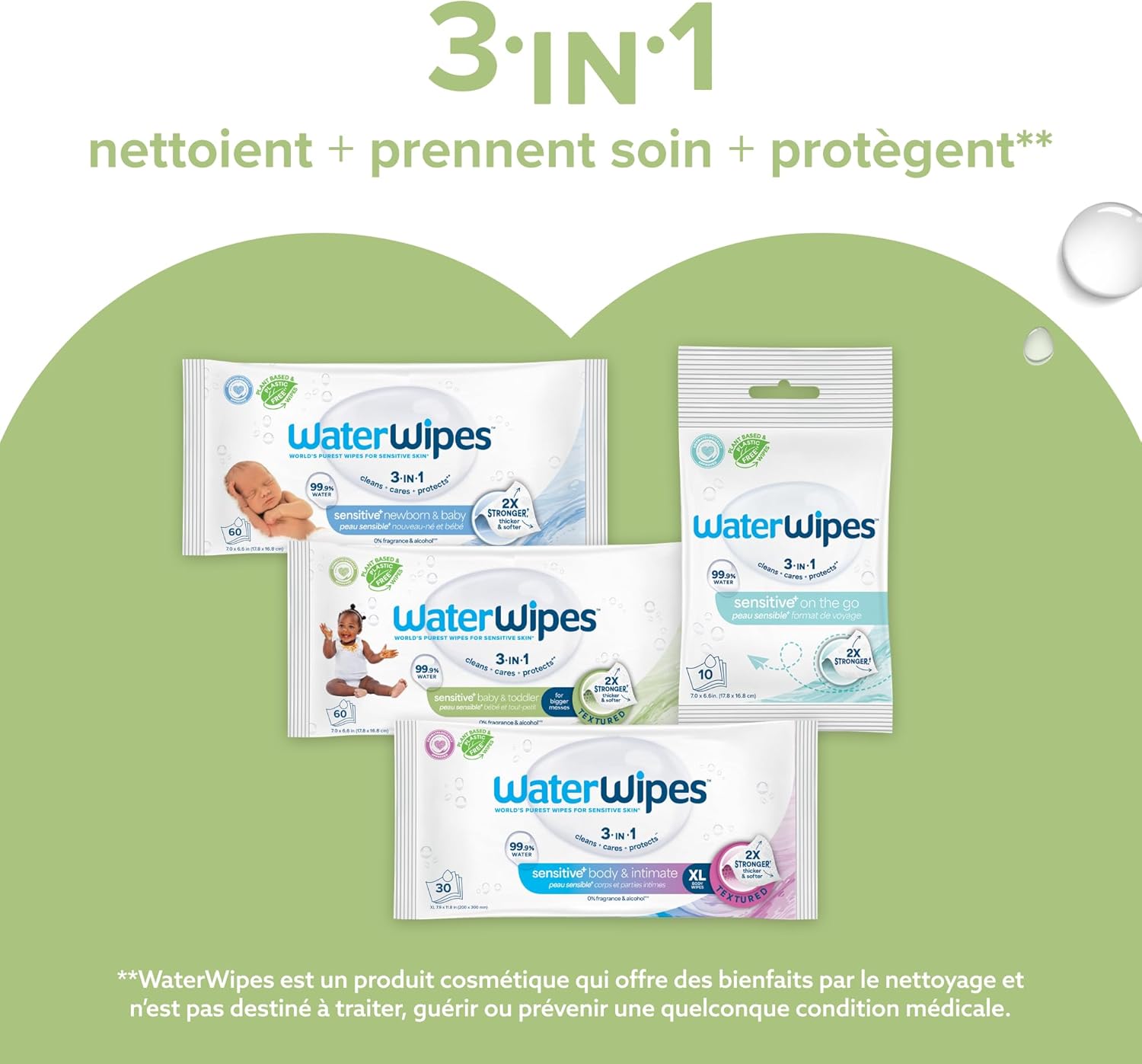Lingettes WaterWipes Sensitive+ pour bébés et tout-petits, lingettes pour bébés et tout-petits, 720 unités (12 paquets), 3 en 1 nettoie, soigne, protège, 99,9 % d'eau, texturée propre, non parfumée – Image 8