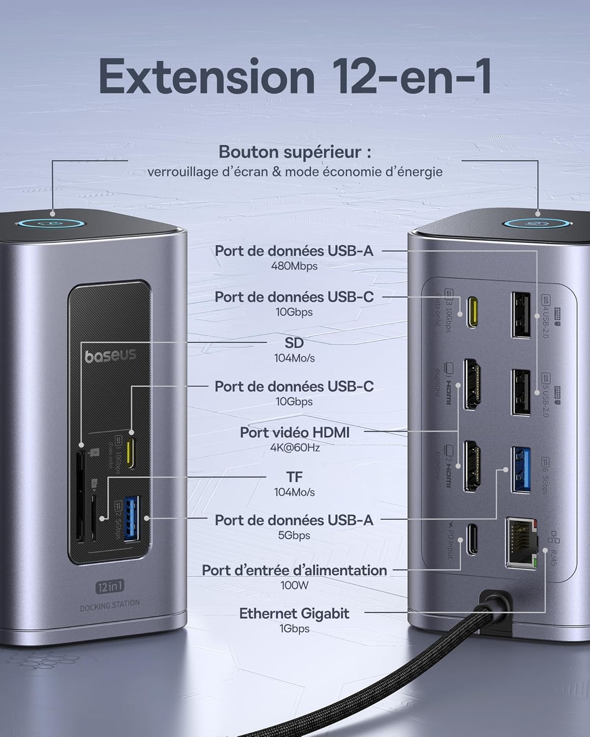 Station d'accueil Baseus, Nomos Air 12 en 1, station d'accueil 2 moniteurs avec 2 x 4K HDMI, USB-A/C 10 Gbit/s, Ethernet 1 Gbit/s, 100 W PD, HUB USB C pour Dell/HP/Lenovo/ASUS/Acer/Mac – Image 4