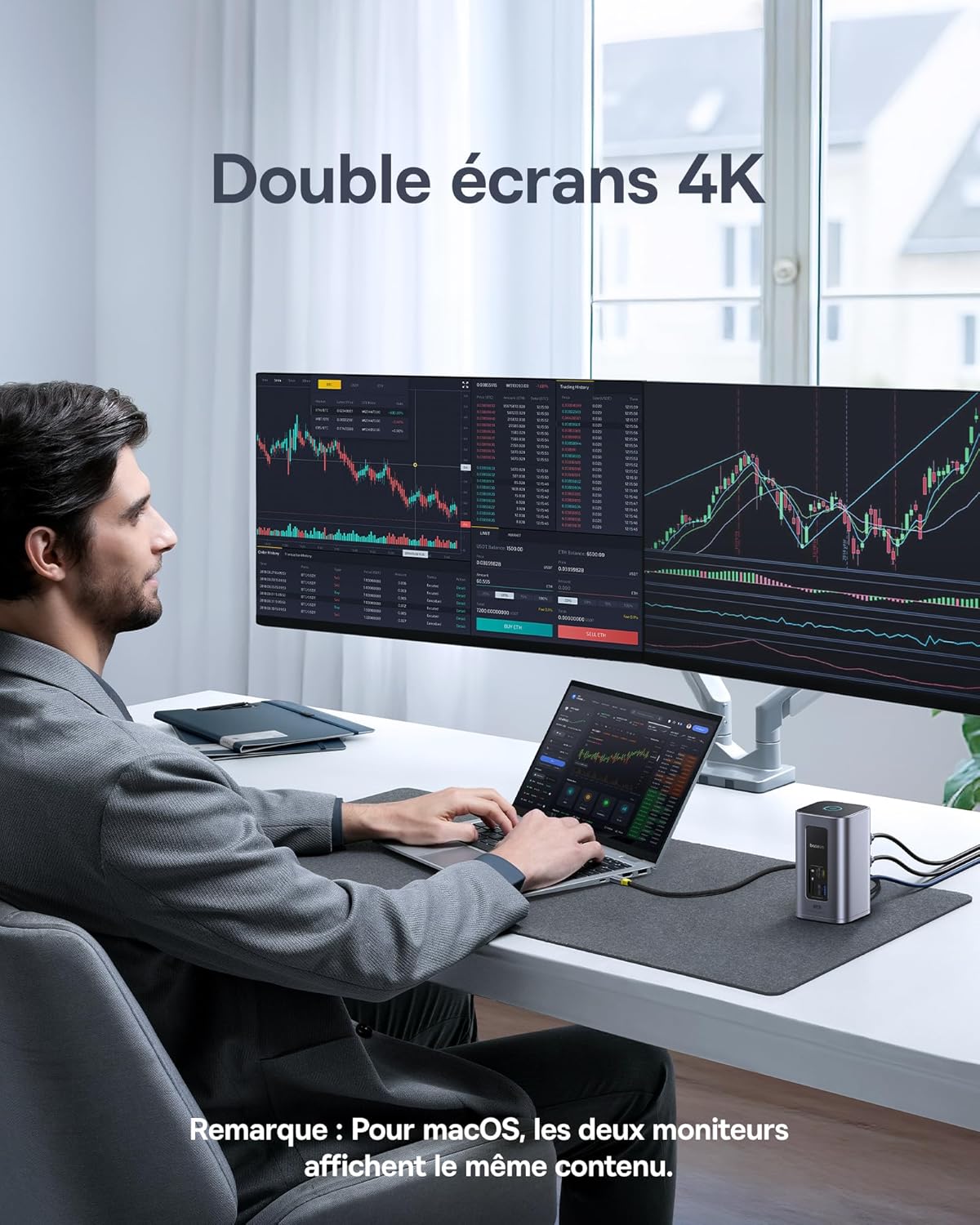 Station d'accueil Baseus, Nomos Air 12 en 1, station d'accueil 2 moniteurs avec 2 x 4K HDMI, USB-A/C 10 Gbit/s, Ethernet 1 Gbit/s, 100 W PD, HUB USB C pour Dell/HP/Lenovo/ASUS/Acer/Mac – Image 5