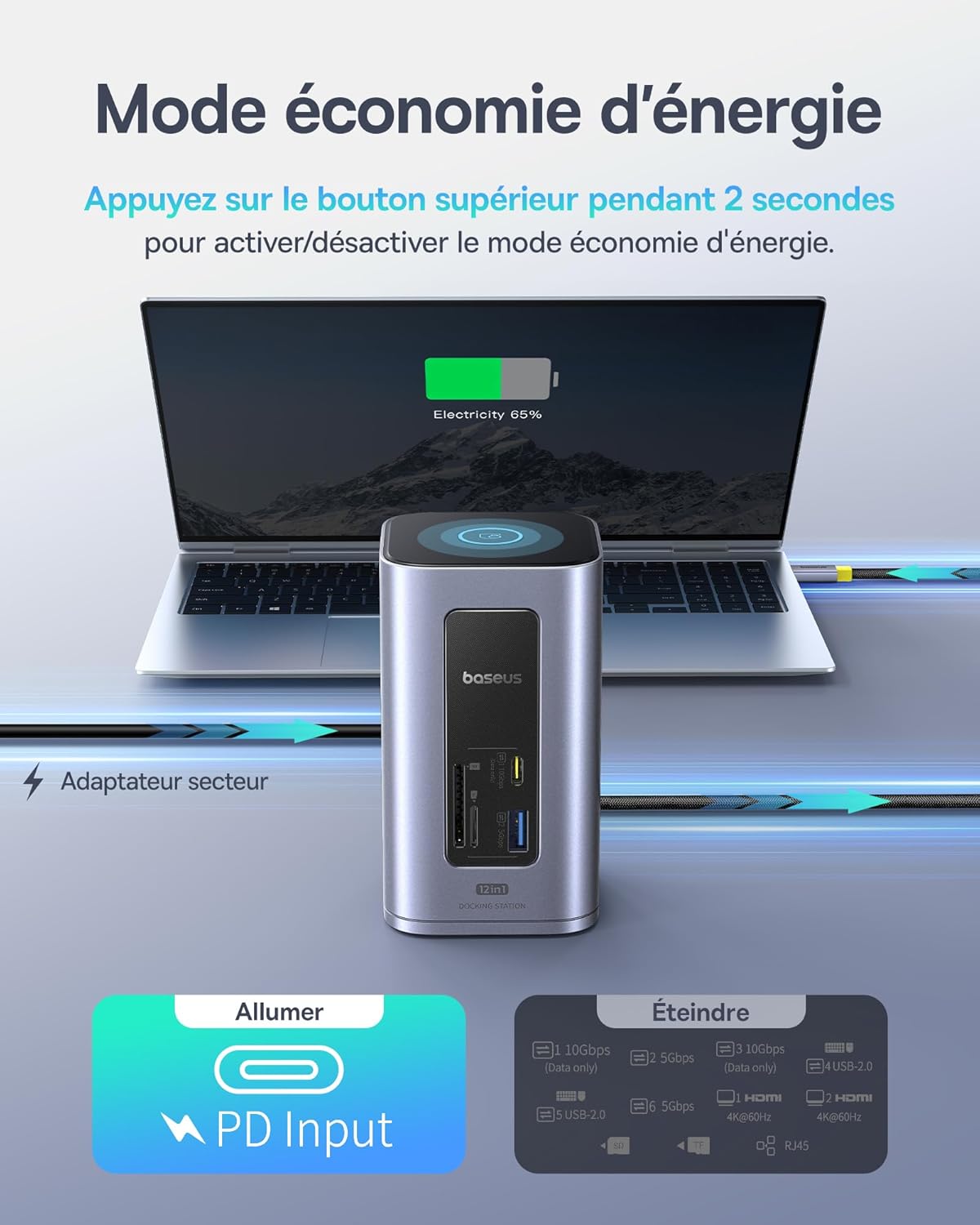 Station d'accueil Baseus, Nomos Air 12 en 1, station d'accueil 2 moniteurs avec 2 x 4K HDMI, USB-A/C 10 Gbit/s, Ethernet 1 Gbit/s, 100 W PD, HUB USB C pour Dell/HP/Lenovo/ASUS/Acer/Mac – Image 7