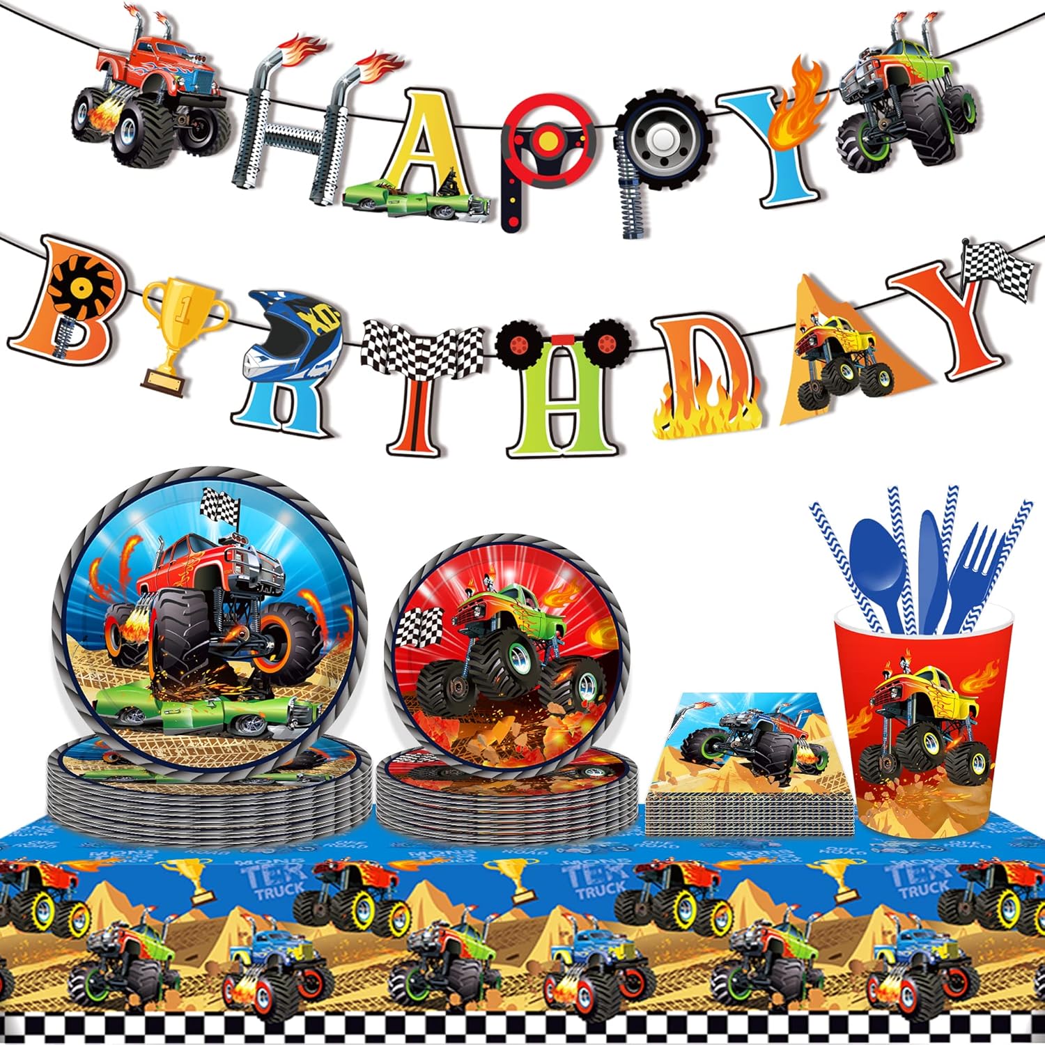 CC HOME Lot de 3 nappes rectangulaires Monster Truck Décoration de fête Couvertures de table jetables pour fête d'anniversaire – Image 5
