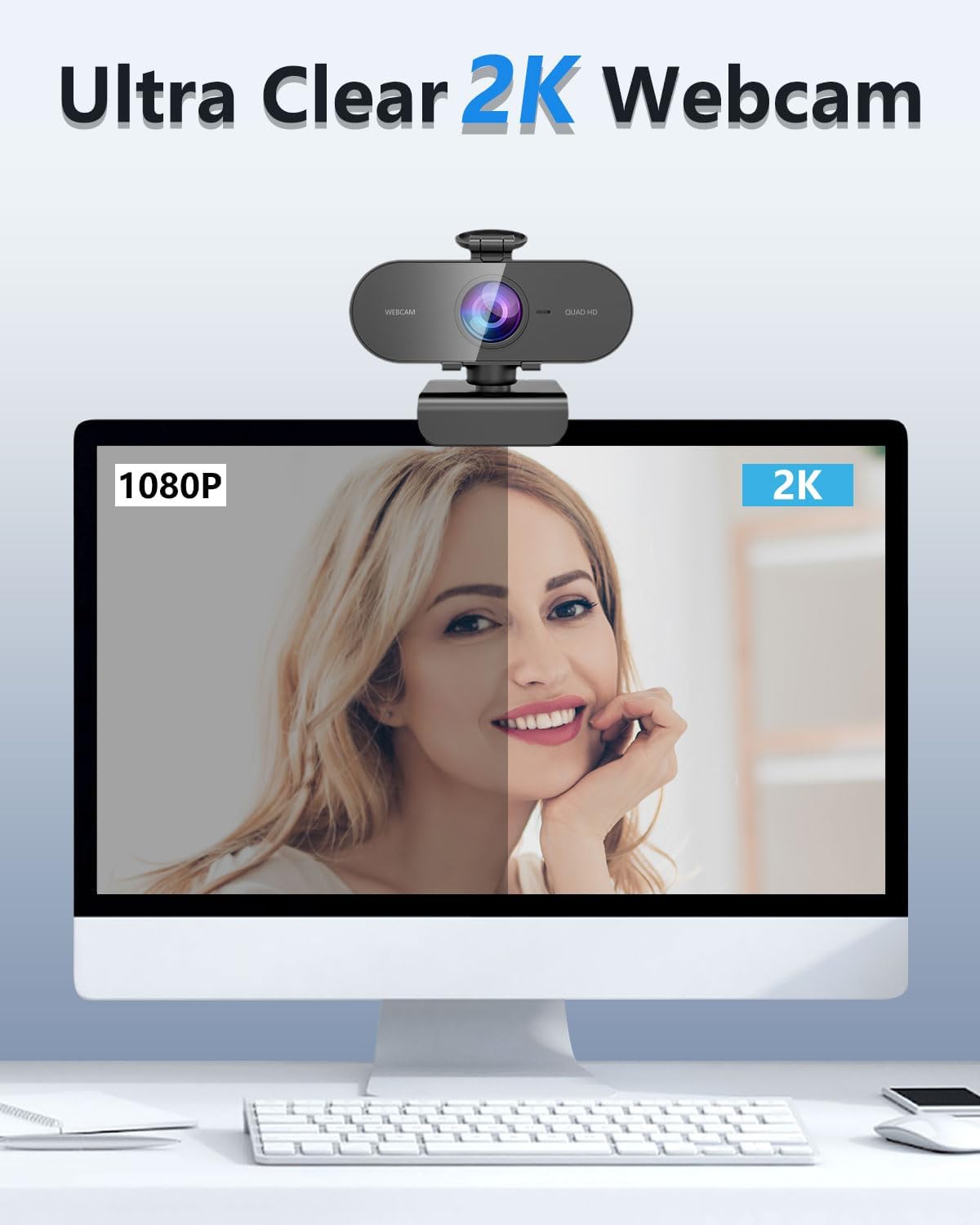 Webcam 2K, caméra PC grand angle Full HD 90° avec microphone antibruit, caméra USB Plug Play pour PC portable Mac, Web Cam Linux Streaming Youtube Skype Appel vidéo Zoom Vidéo Conférence – Image 3