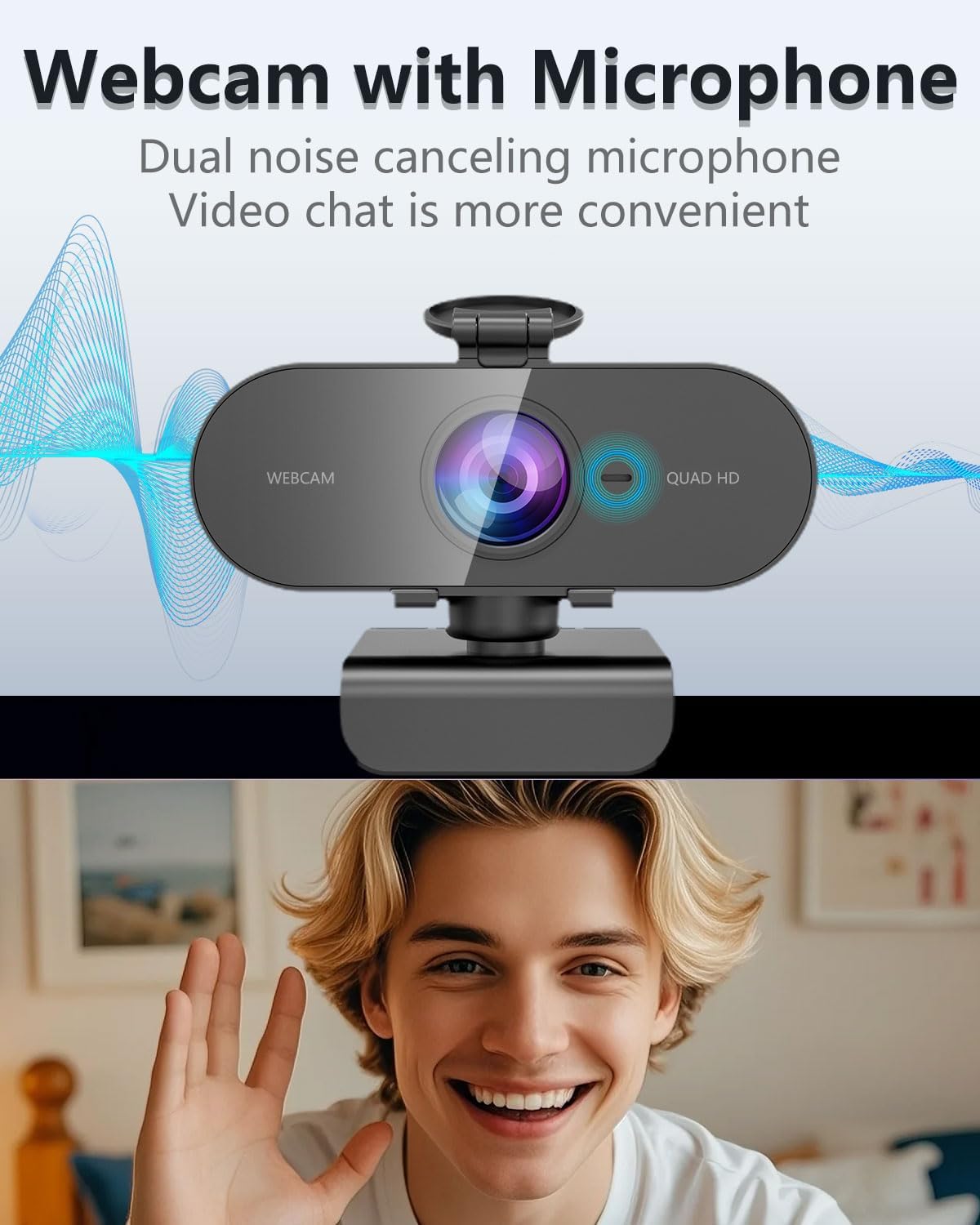 Webcam 2K, caméra PC grand angle Full HD 90° avec microphone antibruit, caméra USB Plug Play pour PC portable Mac, Web Cam Linux Streaming Youtube Skype Appel vidéo Zoom Vidéo Conférence – Image 4