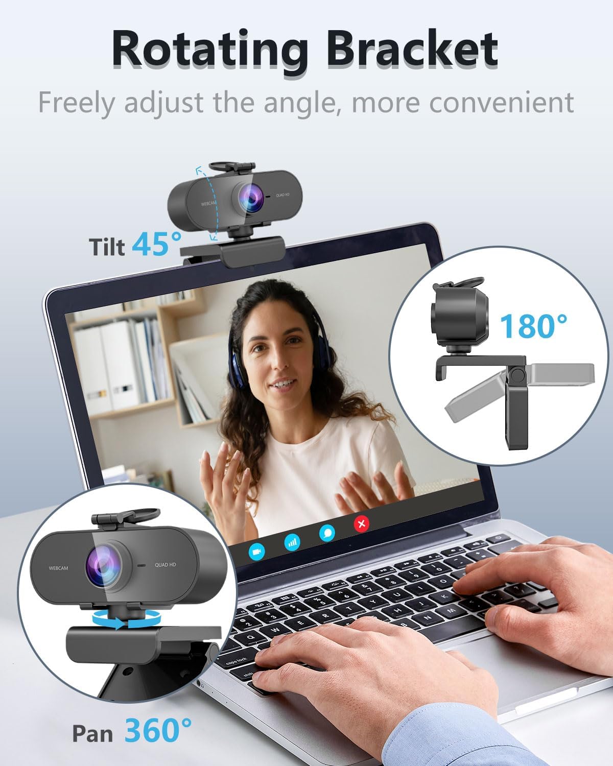Webcam 2K, caméra PC grand angle Full HD 90° avec microphone antibruit, caméra USB Plug Play pour PC portable Mac, Web Cam Linux Streaming Youtube Skype Appel vidéo Zoom Vidéo Conférence – Image 6