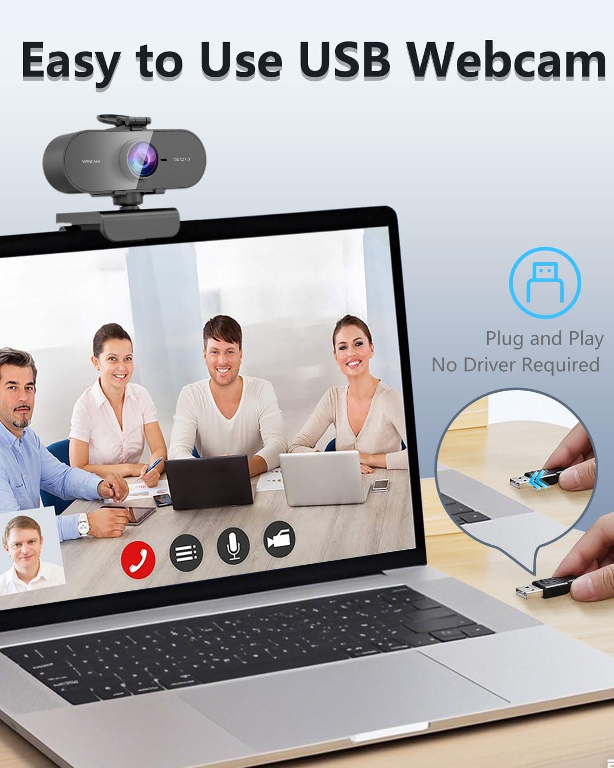 Webcam 2K, caméra PC grand angle Full HD 90° avec microphone antibruit, caméra USB Plug Play pour PC portable Mac, Web Cam Linux Streaming Youtube Skype Appel vidéo Zoom Vidéo Conférence – Image 8