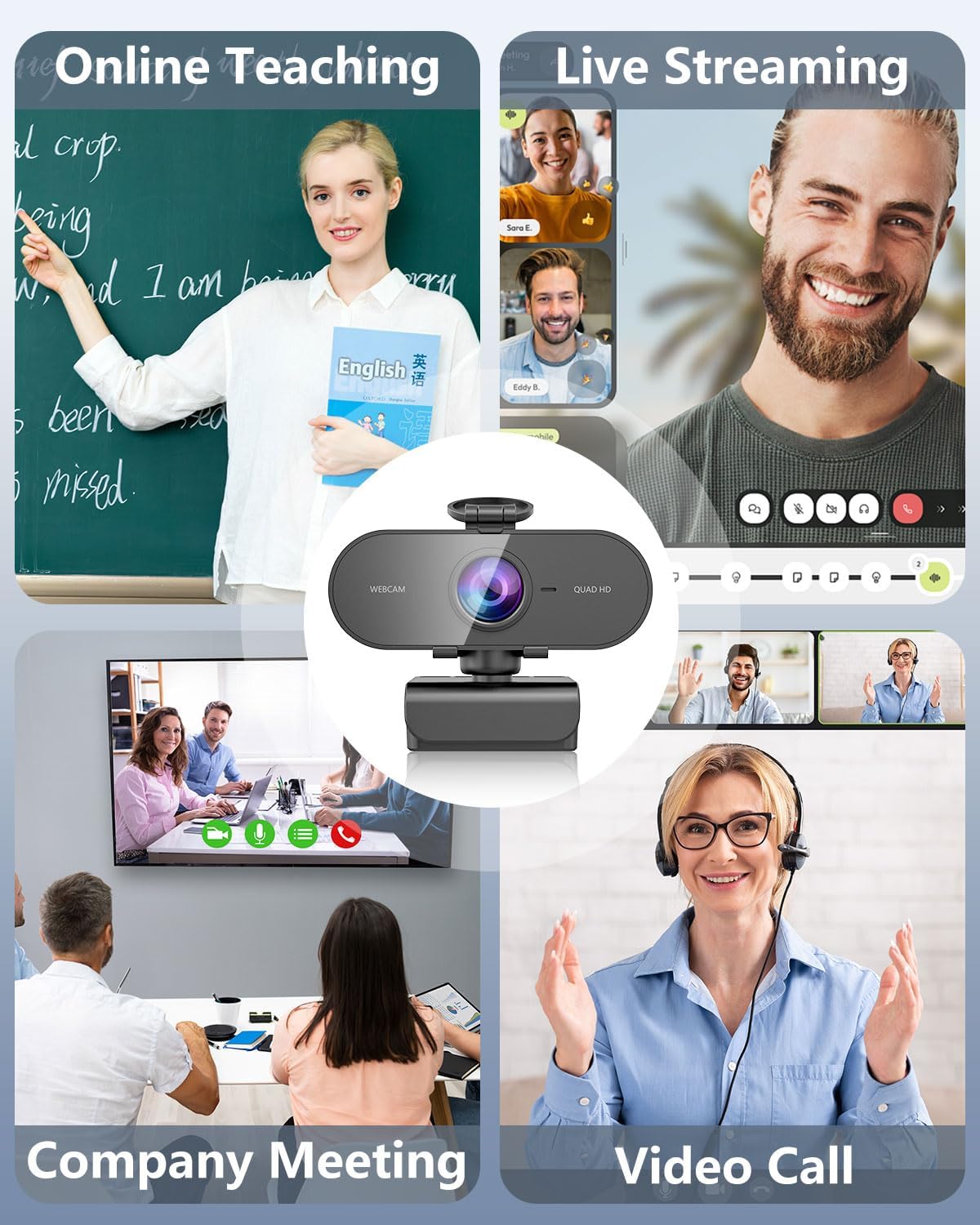 Webcam 2K, caméra PC grand angle Full HD 90° avec microphone antibruit, caméra USB Plug Play pour PC portable Mac, Web Cam Linux Streaming Youtube Skype Appel vidéo Zoom Vidéo Conférence – Image 9