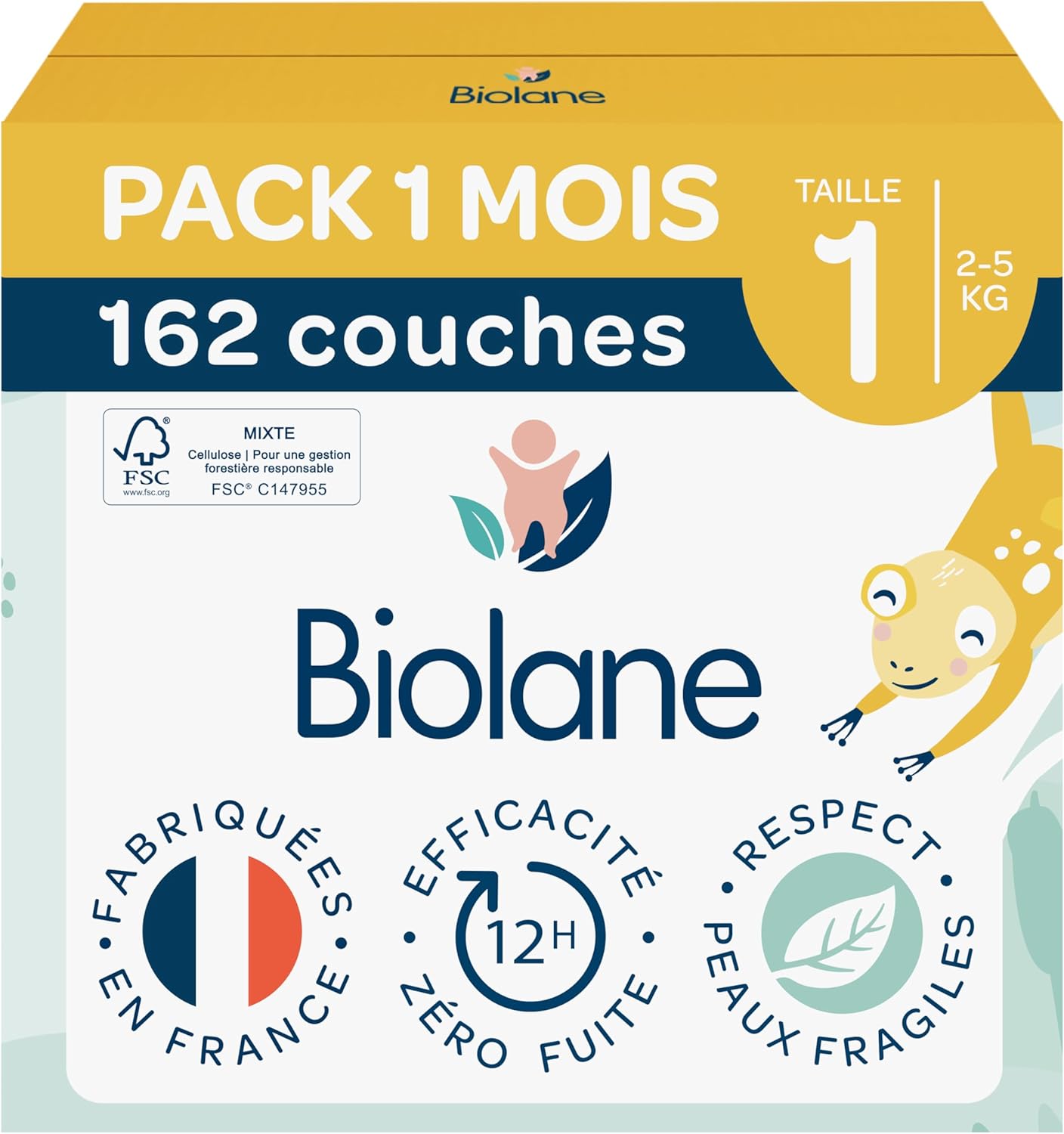 BIOLANE - Couches bébé taille 1 - (2-5 kg) - Peaux sensibles - Ultra-absorbantes, sans fuite, sèchent jusqu'à 12 heures - Confort & Protection - Pack 1 mois 162 couches - Fabriquées en France – Image 2
