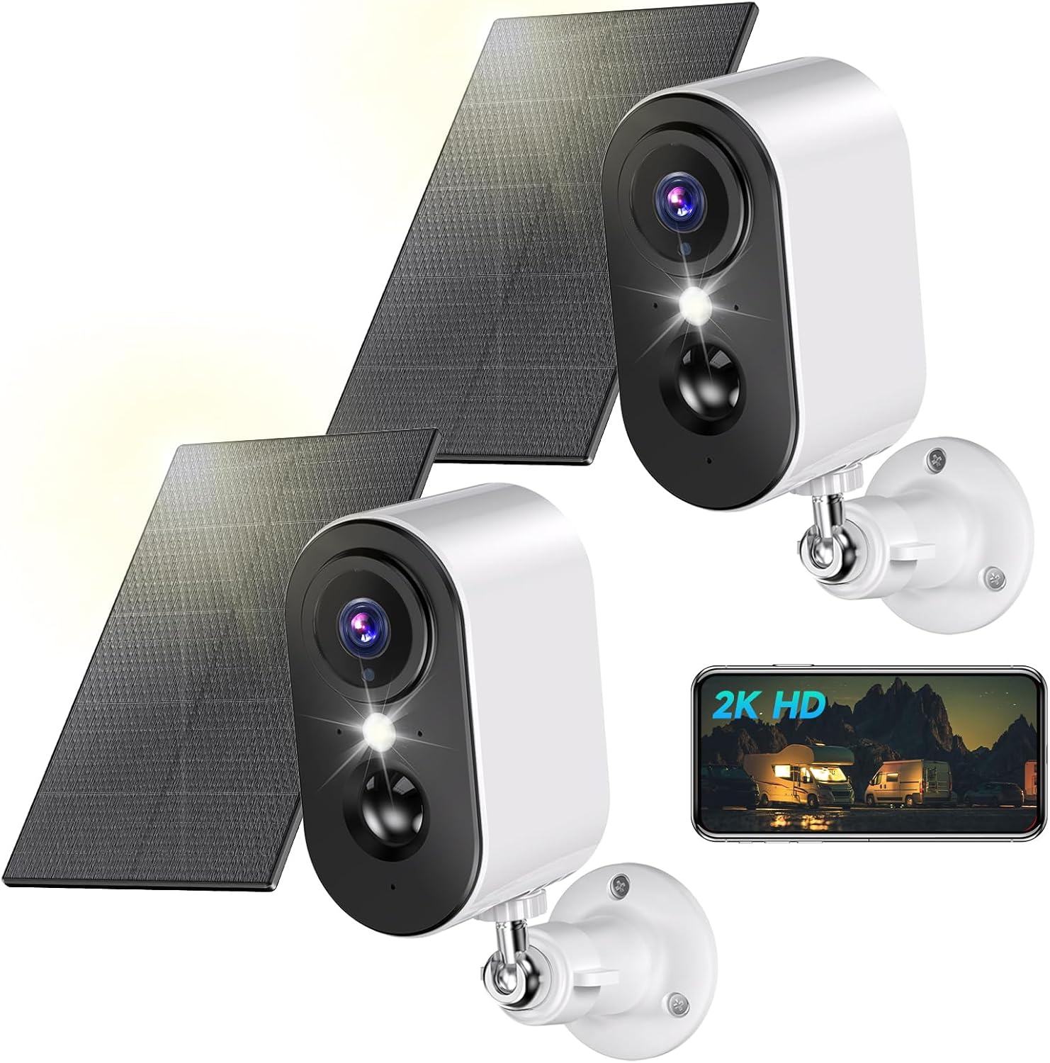 Caméra de surveillance WiFi 2K avec panneau solaire – Batterie de caméra de surveillance WiFi extérieure sans fil, vision nocturne couleur, extérieur/intérieur, détection de mouvement PIR, IP66, lot de 2 – Image 2
