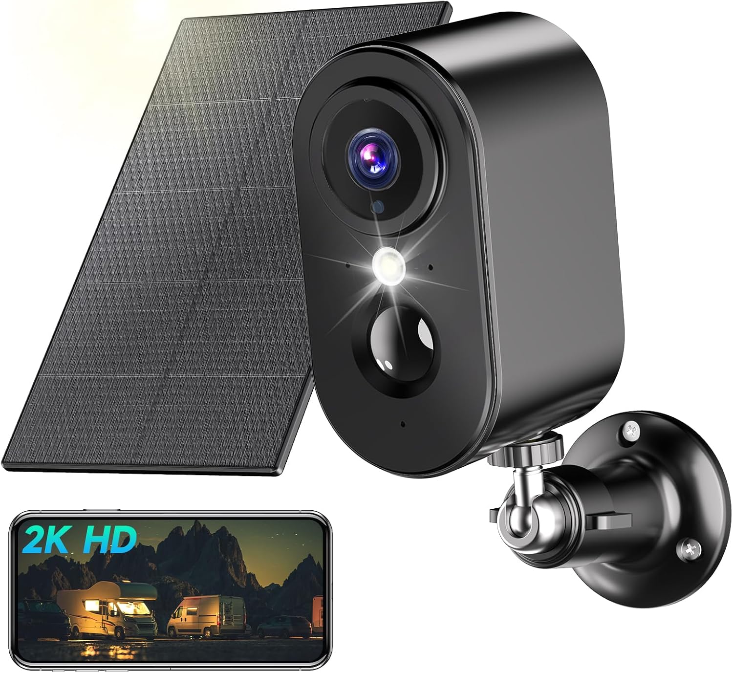 Caméra de surveillance WiFi à batterie sans fil 2K – Caméra de surveillance WiFi avec panneau solaire, vision nocturne couleur, extérieur/intérieur, détection de mouvement PIR, IP66, noir – Image 2