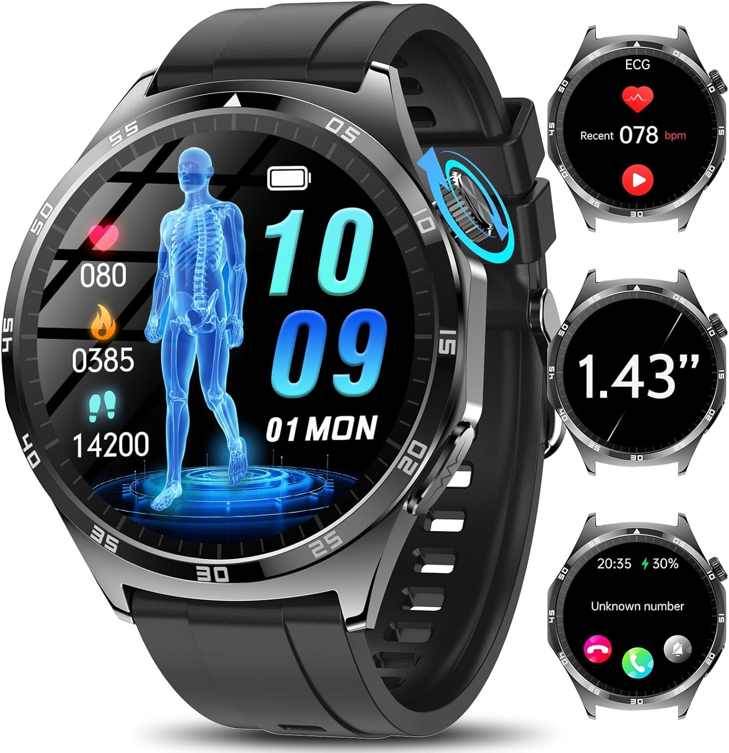 ECG + HRV/IMC/Lipide/Acide urique, montre intelligente 1,43" avec pression artérielle/SpO2/appel Bluetooth/sommeil 24h/24, 7j/7, fréquence cardiaque, température corporelle pour Android iOS – Image 2