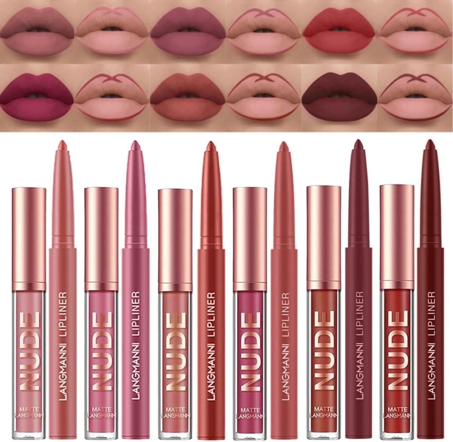 Ensemble de maquillage de rouge à lèvres 12 pièces, 6 pièces de rouges à lèvres liquides mat velours + crayon à lèvres 6 pièces Kit de brillant à lèvres Kit de brillant à lèvres imperméable longue durée – Image 2