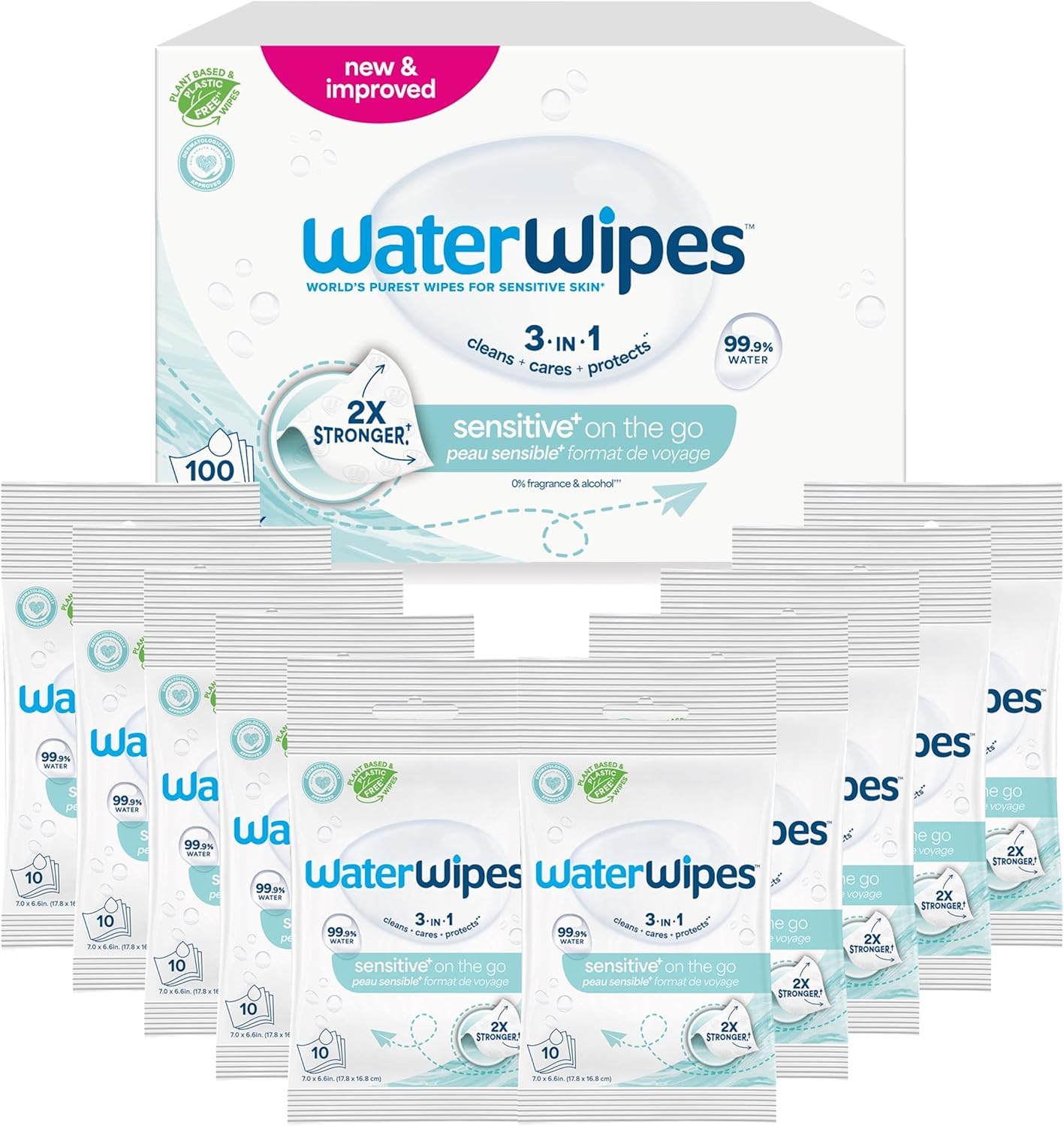 Lingettes WaterWipes Sensitive+ On The Go, 100 unités (10 paquets), 3 en 1 nettoie, soigne, protège, 99,9 % d'eau, lingettes humides non parfumées – Image 2