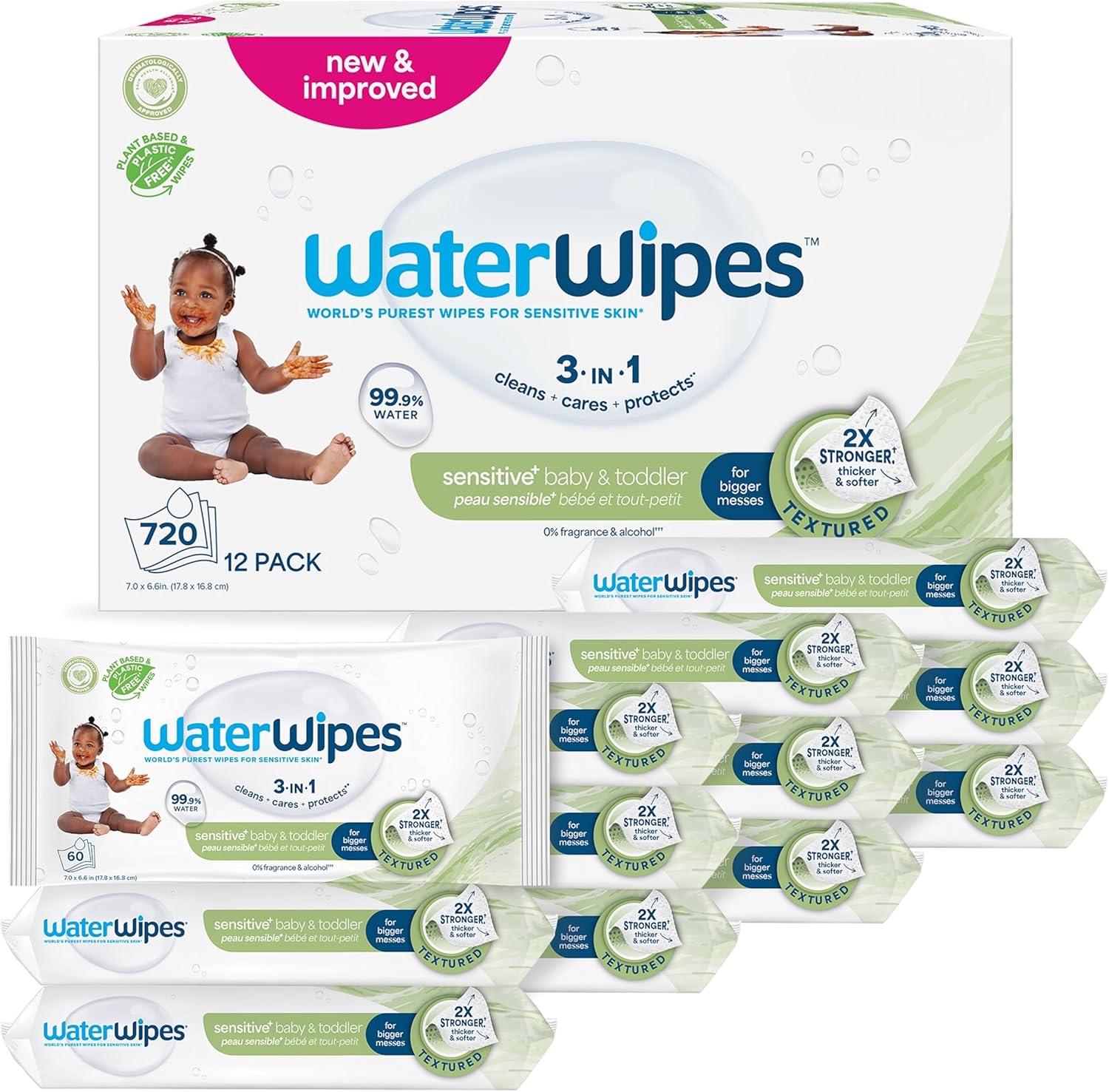 Lingettes WaterWipes Sensitive+ pour bébés et tout-petits, lingettes pour bébés et tout-petits, 720 unités (12 paquets), 3 en 1 nettoie, soigne, protège, 99,9 % d'eau, texturée propre, non parfumée – Image 2