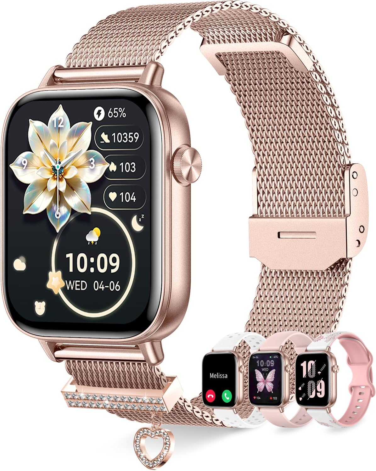 Montre intelligente pour femme avec appel Bluetooth 4 bracelets 1,83 pouces HD Smartwatch avec fréquence cardiaque Sommeil féminin 110+ modes sportifs Podomètre Tracker d'activité pour Android iOS, Or rose – Image 2