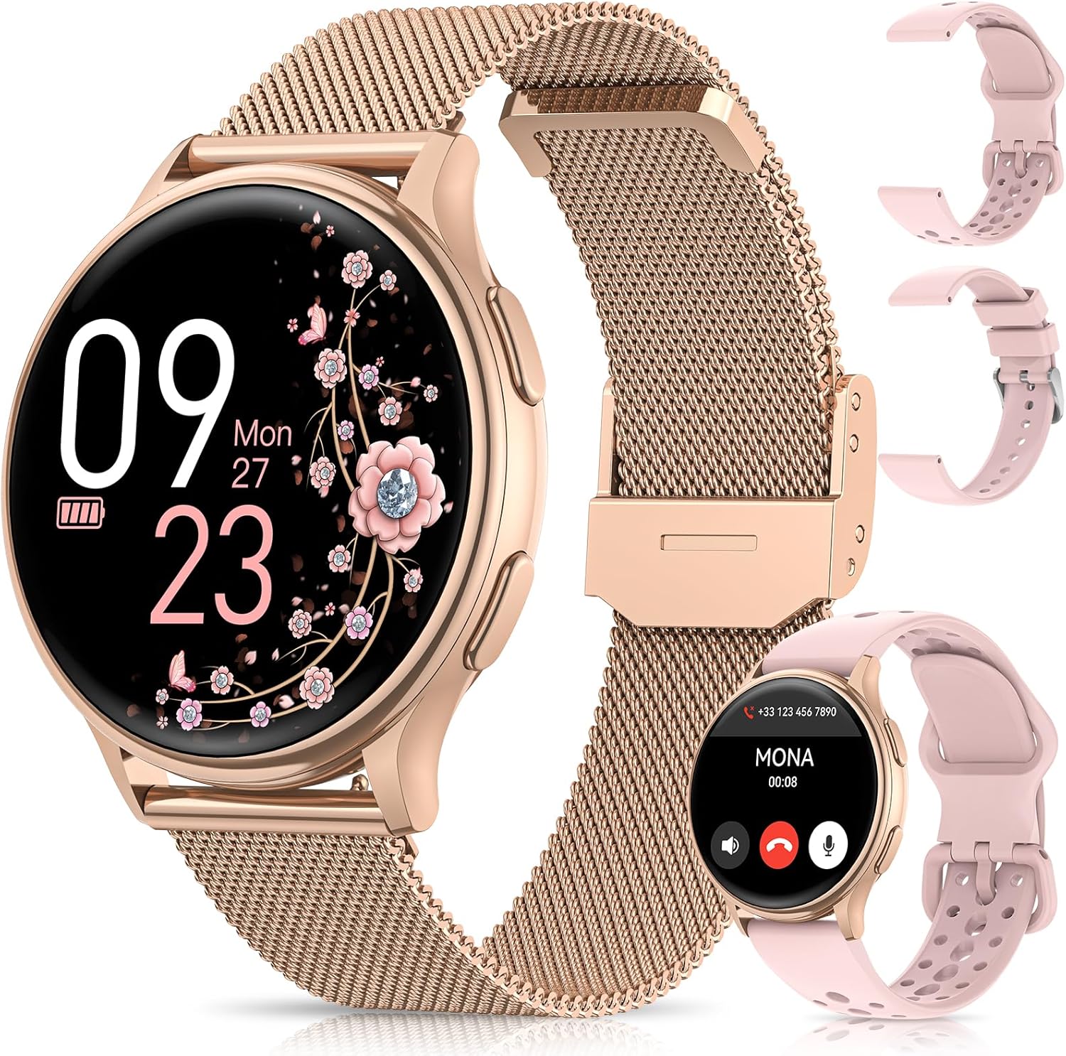 Montre intelligente pour femme avec appels Bluetooth, montre intelligente 1,27 pouces avec 3 bracelets, fonction féminine, fréquence cardiaque, sommeil/SpO2/70+ Mode sport/podomètre IP68 iOS Android Or rose – Image 2