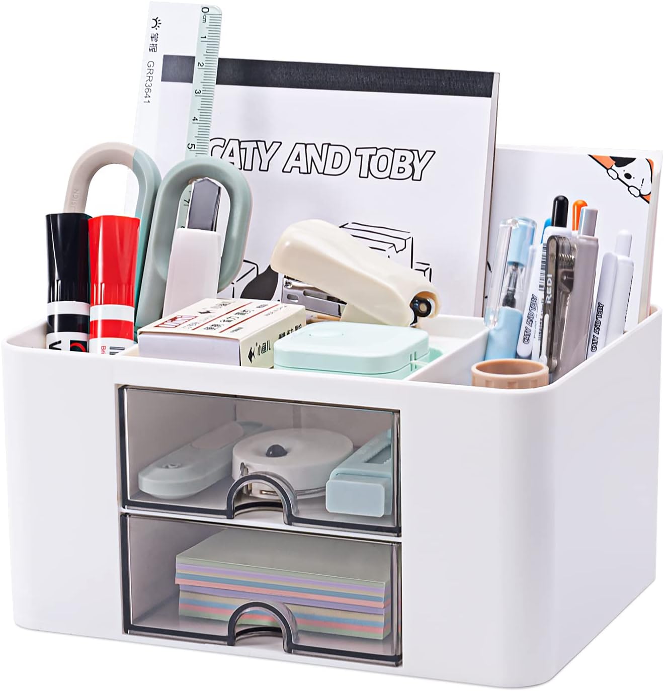 Organisateur de bureau polyvalent avec 5 compartiments, 2 tiroirs et options de rangement multifonctionnelles - idéal pour les fournitures, la papeterie et les accessoires – Image 2