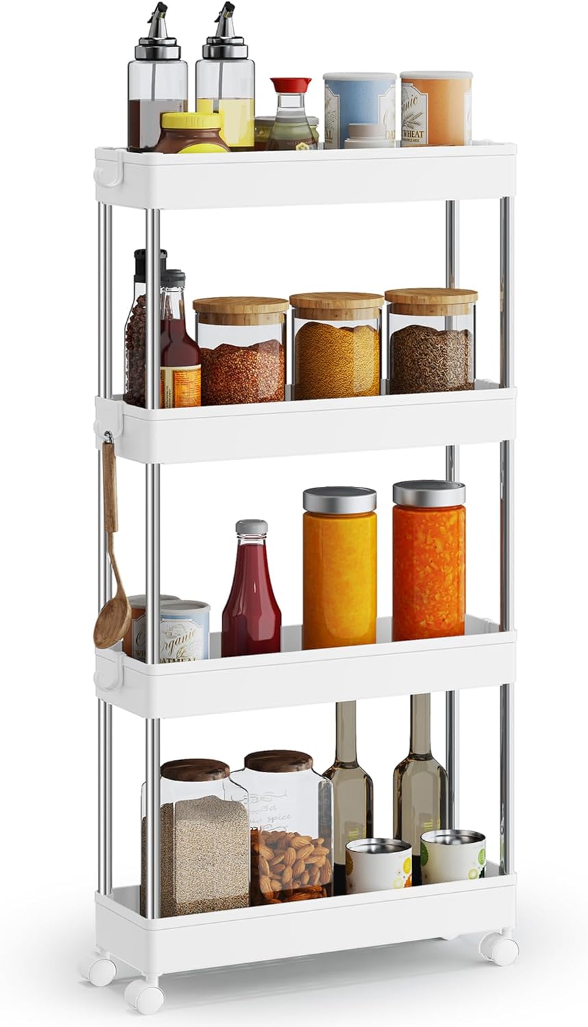 SONGMICS Desserte de Cuisine, Etagère de Cuisine à 4 Niveaux, Etagère étroite, avec 6 Crochets, Structure en Acier, Salle de Bain, 14,5 x 42 x 86 cm, Blanc Nuage KSC08WT – Image 2