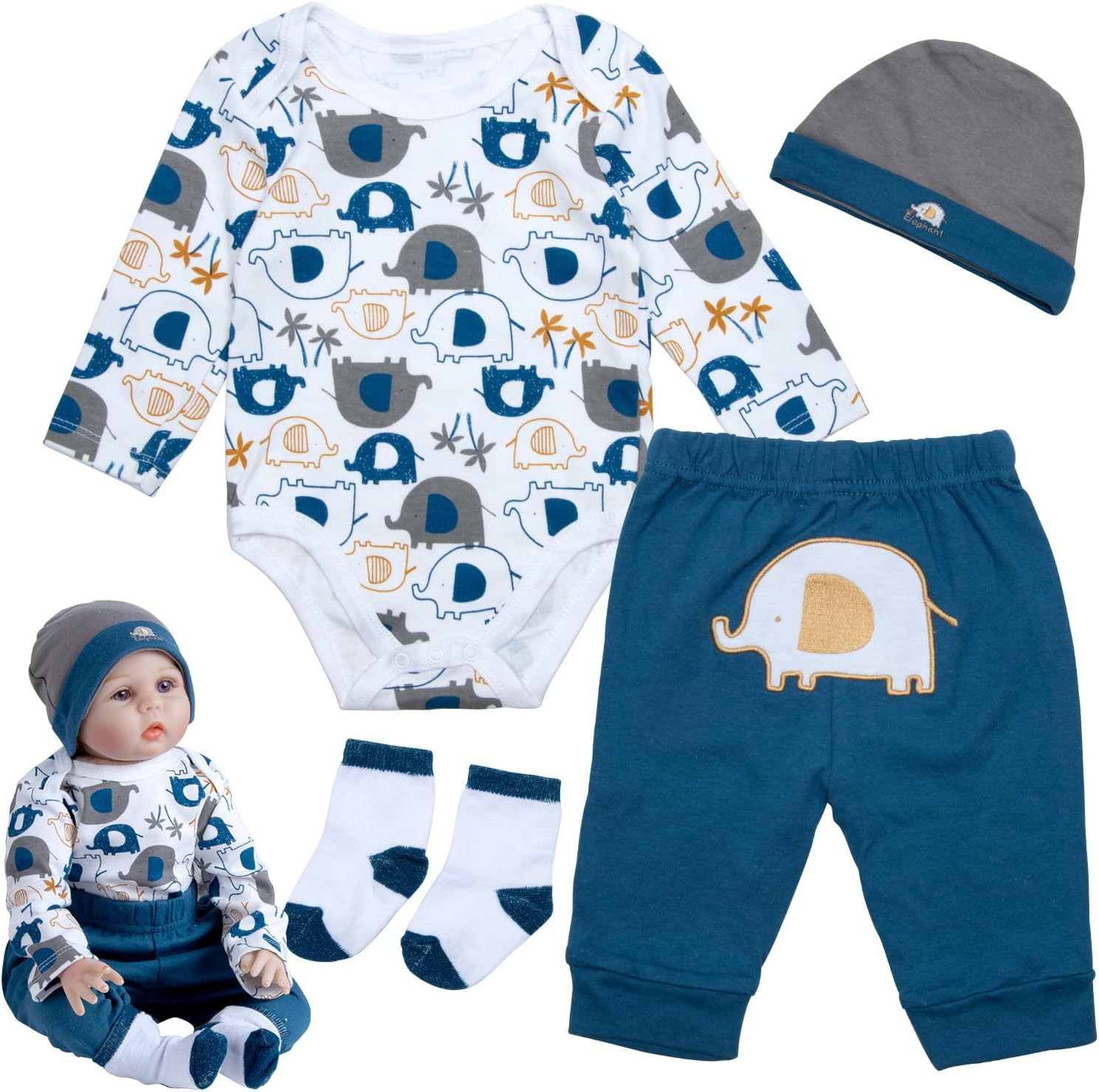 Vêtements de poupée Reborn, 4 paquets, vêtements pour poupées de 17 à 22 pouces, pour bébé garçon, éléphant bleu, accessoires pour nouveau-nés – Image 2