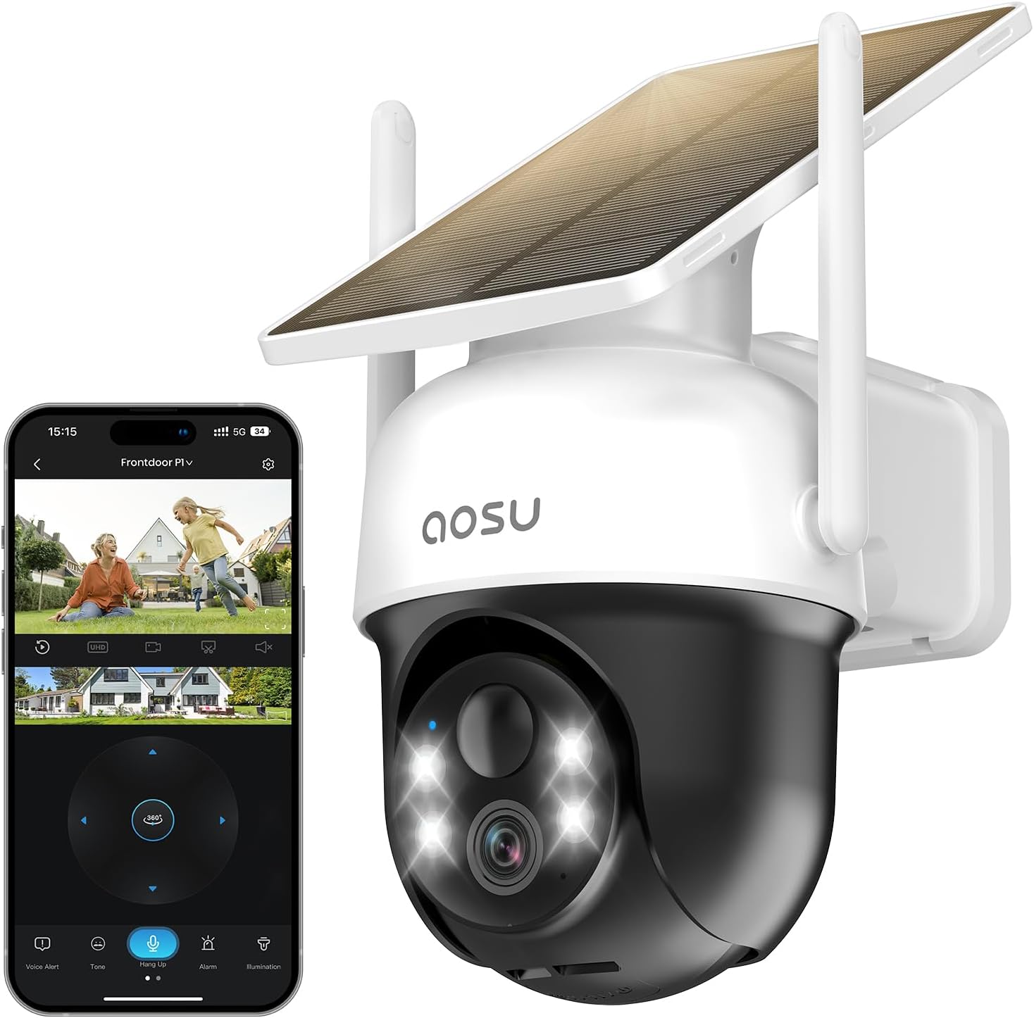 aosu Caméra de surveillance WiFi sans fil 2K Caméra solaire WiFi extérieure, PTZ panoramique 3MP 360°, suivi automatique, vision Vocture, alarme lumineuse et sonore, audio bidirectionnel – Image 2