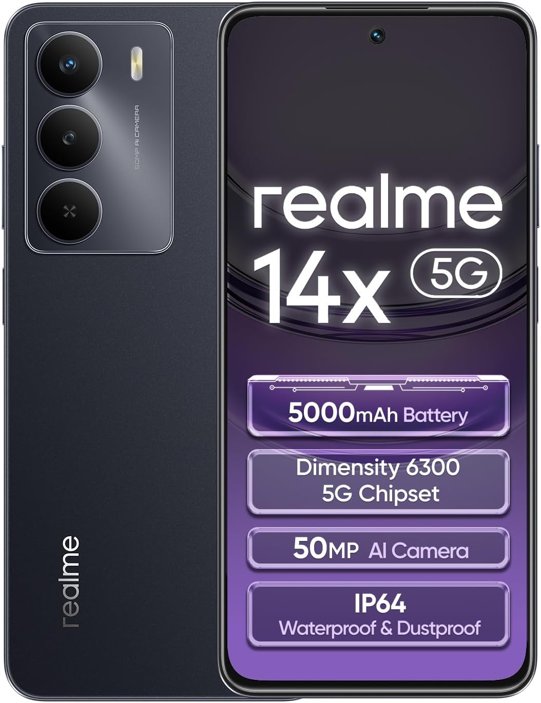 realme 14x Smartphone 5G 8+256 Go, Noir, Écran 6,67 pouces, Écran 120 Hz, Batterie 5000 mAh, Caméra AI 50MP, MediaTek Dimensity 6300, Protection ArmorShell, IP64 – Image 2