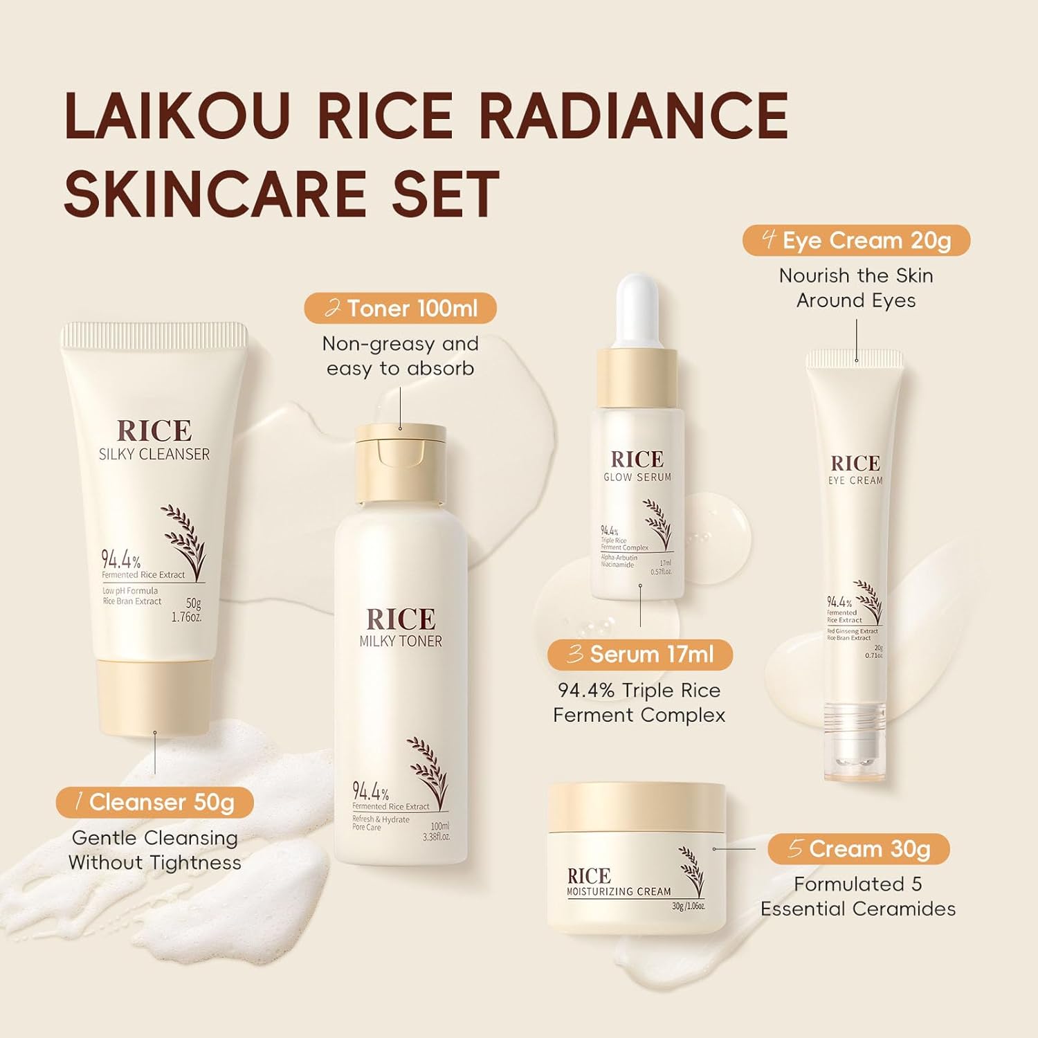 Kit de soins de la peau au riz naturel 5 en 1 avec tonique, sérum, crème pour le visage, sérum pour les yeux, détergent, soins quotidiens de la peau, coffret cadeau pour femme, hydratant et lisse – Image 3