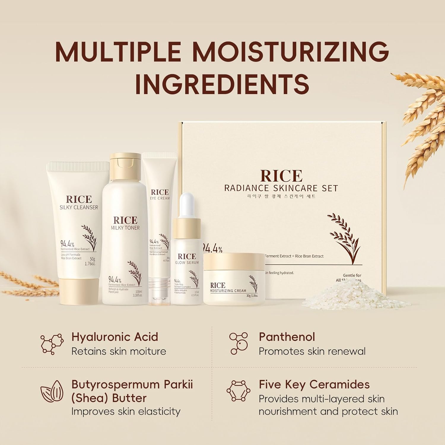 Kit de soins de la peau au riz naturel 5 en 1 avec tonique, sérum, crème pour le visage, sérum pour les yeux, détergent, soins quotidiens de la peau, coffret cadeau pour femme, hydratant et lisse – Image 5
