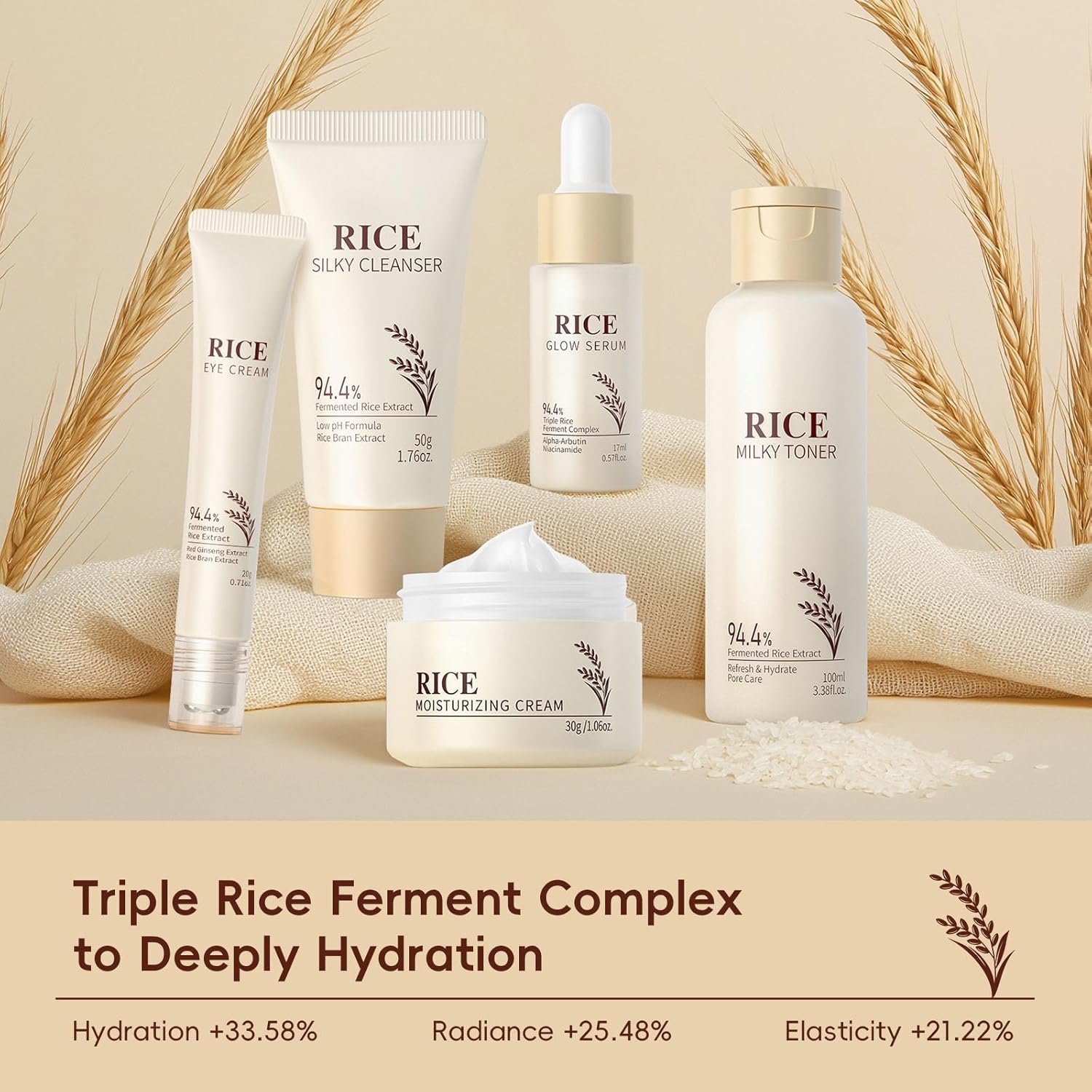 Kit de soins de la peau au riz naturel 5 en 1 avec tonique, sérum, crème pour le visage, sérum pour les yeux, détergent, soins quotidiens de la peau, coffret cadeau pour femme, hydratant et lisse – Image 6