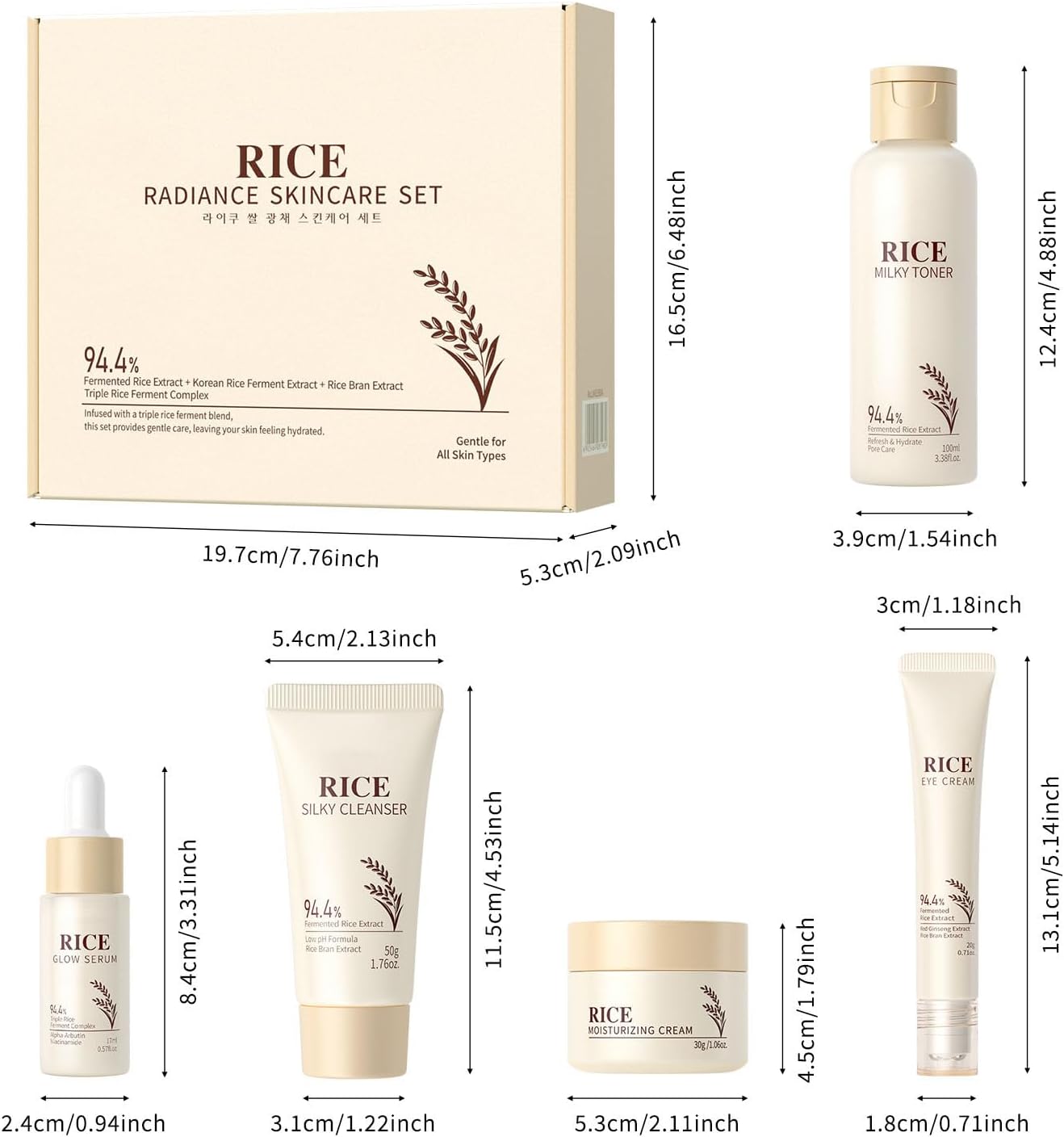 Kit de soins de la peau au riz naturel 5 en 1 avec tonique, sérum, crème pour le visage, sérum pour les yeux, détergent, soins quotidiens de la peau, coffret cadeau pour femme, hydratant et lisse – Image 8
