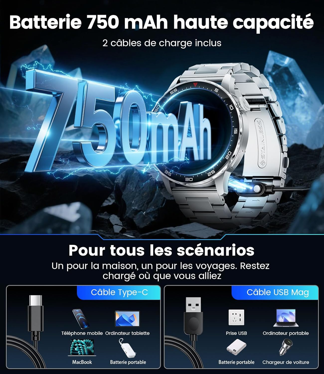 LIGE Montre connectée pour homme et femme avec 750 mAh, AMOLED 1,43", appel Bluetooth, Android iOS, étanche IP68, 120 + montre de sport, podomètre, sommeil, moniteur de fréquence cardiaque SpO2 – Image 5