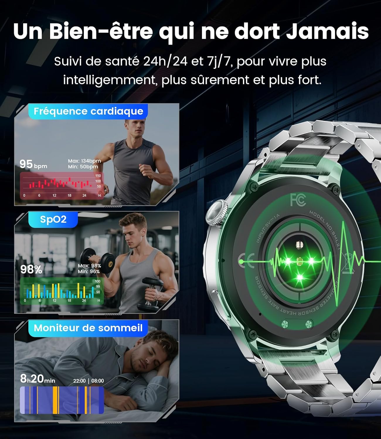 LIGE Montre connectée pour homme et femme avec 750 mAh, AMOLED 1,43", appel Bluetooth, Android iOS, étanche IP68, 120 + montre de sport, podomètre, sommeil, moniteur de fréquence cardiaque SpO2 – Image 7