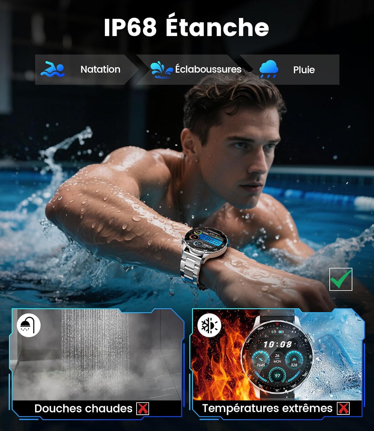 LIGE Montre connectée pour homme et femme avec 750 mAh, AMOLED 1,43", appel Bluetooth, Android iOS, étanche IP68, 120 + montre de sport, podomètre, sommeil, moniteur de fréquence cardiaque SpO2 – Image 9